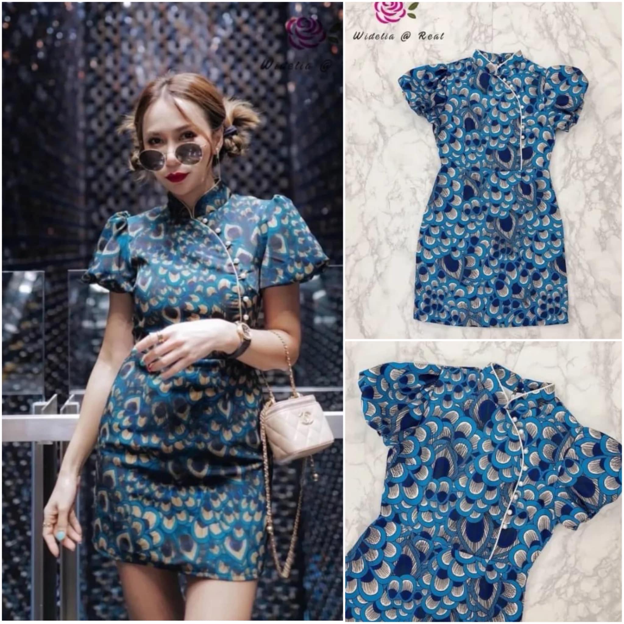 Dress เดรสกี่เพ้าแสนสวย ลวดลายของผ้าสวยหรูดูแพงมาก ช่วงอกแต่งด้วย ไข่มุก ใส่สบาย สินค้าคุณภาพ (พร้อมส่ง)