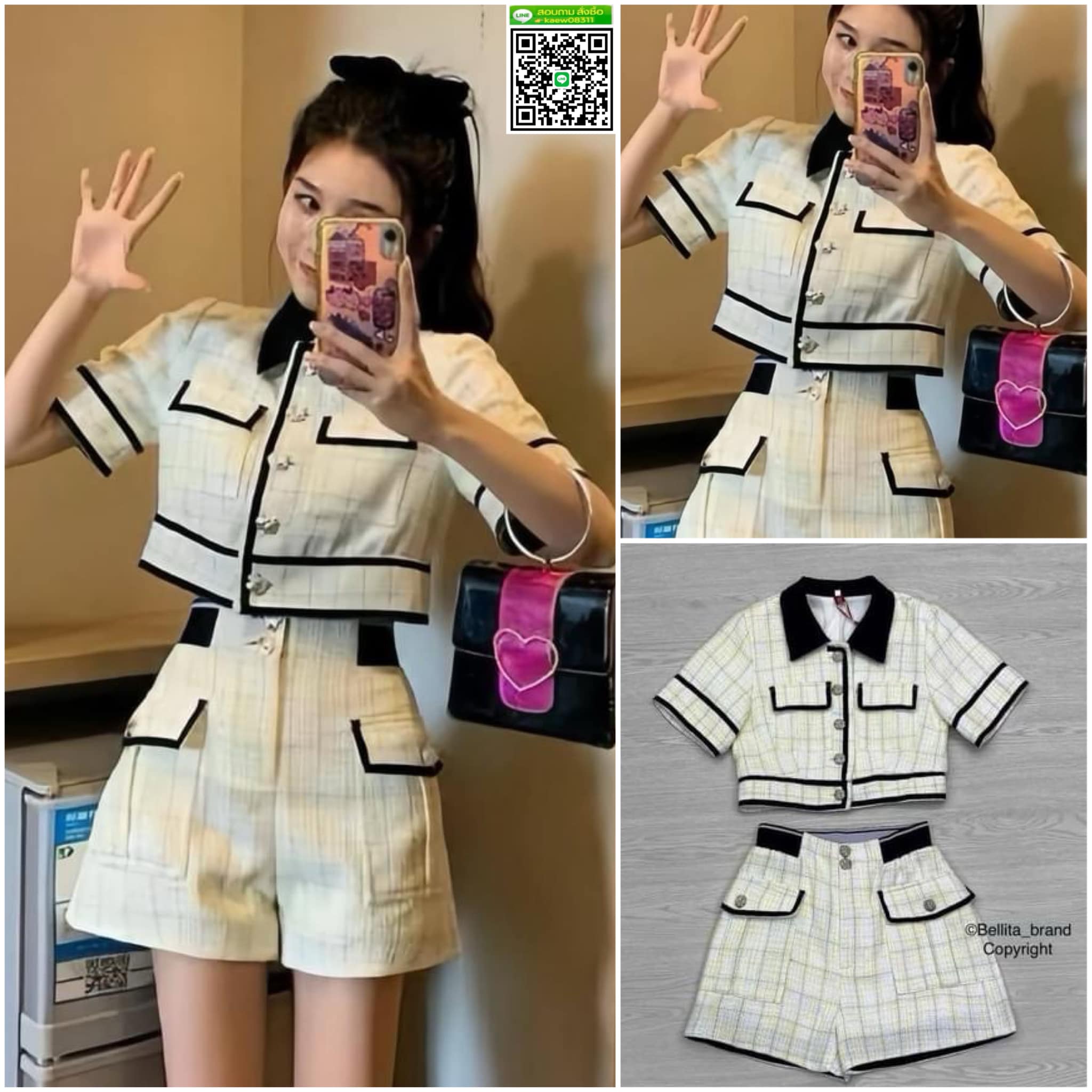 เซ็ทเสื้อ+กางเกงขาสั้นกระดุมหน้า เสื้อครอป คอปกสีดำ สินค้าคุณภาพ (พร้อมส่ง)