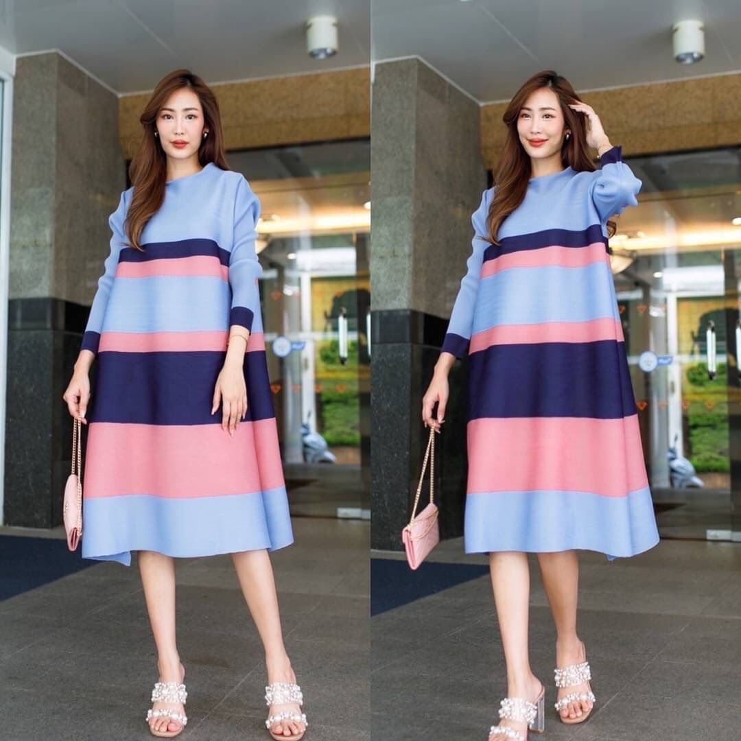 ชุดเดรส คอกลม แขนยาว แพตเทิร์นเฉลียงโค้งข้าง เรียบหรู ไฮโซววววว 👑 สินค้าคุณภาพ (พร้อมส่ง)