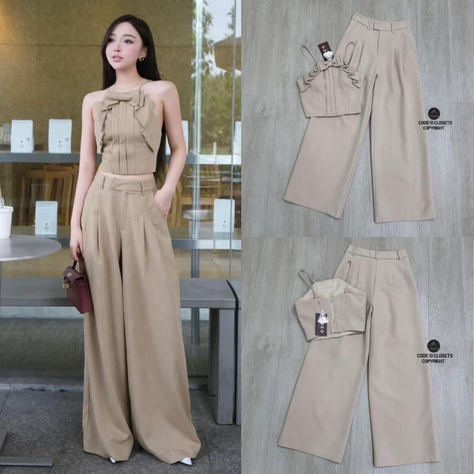 Set 2 ชิ้น สีครีม เสื้อครอปสายสปาเก็ตตี้ อกเย็บติดแต่งโบว์ระบายดีไซน์สวย มาคู่กางเกง ขายาวทรงกระบอก : สินค้าคุณภาพ (พร้อมส่ง)