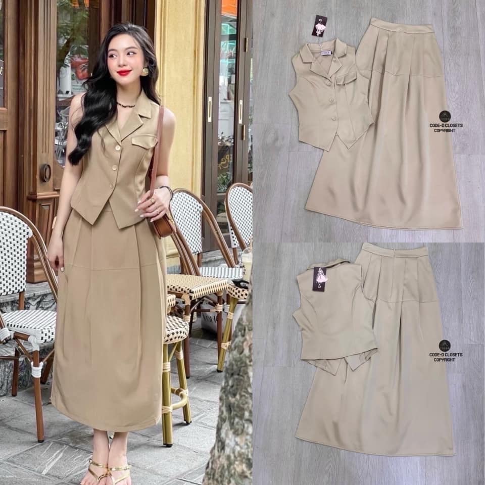 Set 2 ชิ้น สีกากีเสื้อคอปกแขนกุด ทรงสวยใส่สบาย +กระโปรงยาวทรงย้วย จับจีบ คลายๆ (ซิปหลัง) ใส่สบาย สินค้าคุณภาพ (พร้อมส่ง)