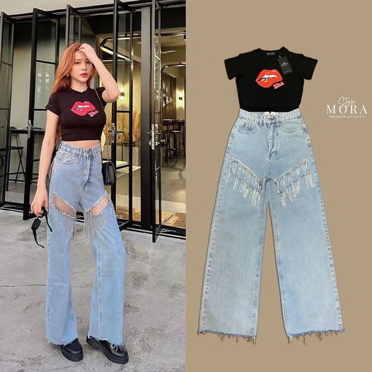 เซ็ตกางเกงยีนสุดเก๋ มีสายห้อยแต่ง ช่วงขาด รุ่นนี้ทรงดีมากกกกก มาพร้อมกับเสื้อ ครอปสีสันเข้ากันสุดๆ : สินค้าคุณภาพ (พร้อมส่ง)