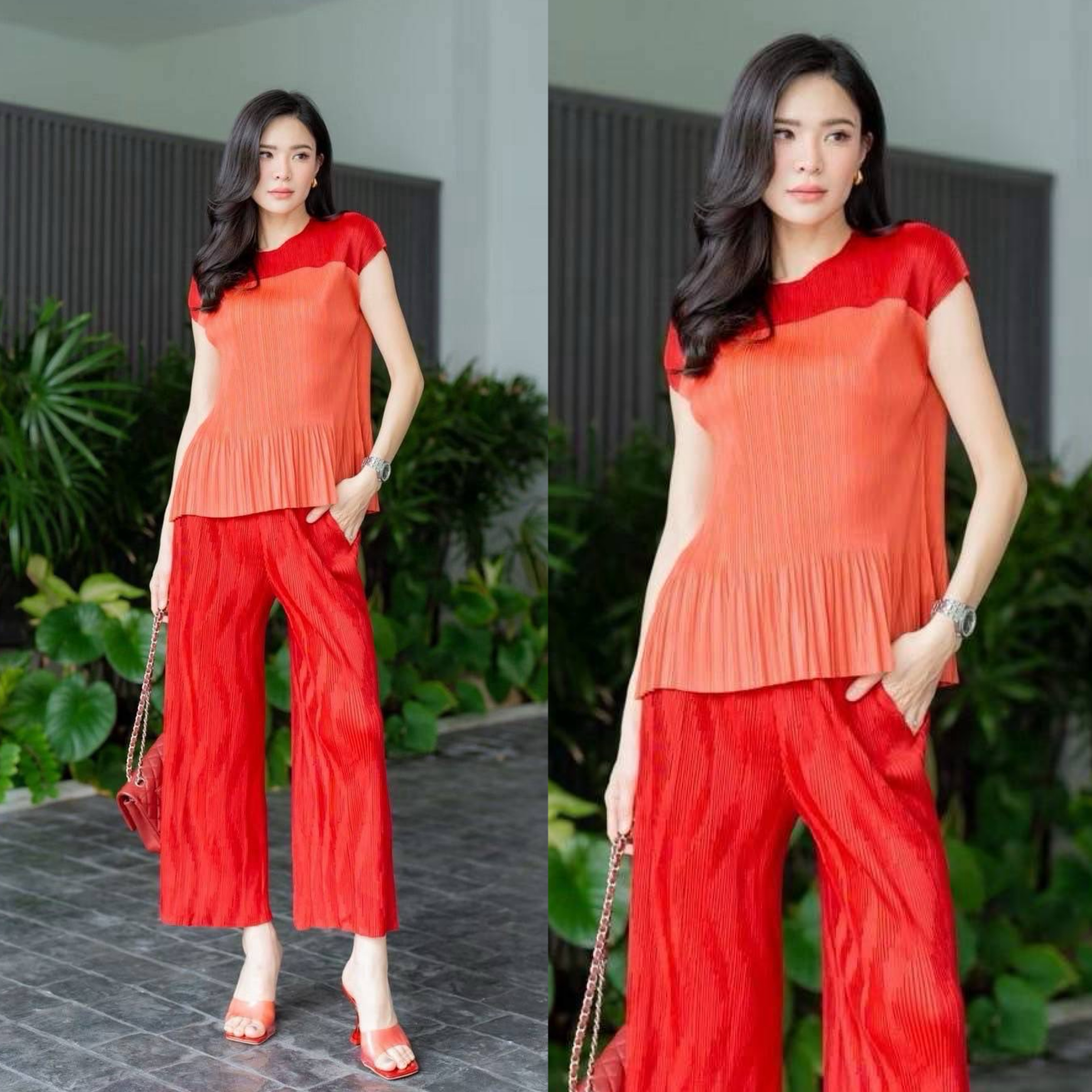 ชุดเซตผ้าอัดพลีทเนื้อดี แบบงาน Brand🥰 เสื้อทรงคอกลม ไหล่ล้ำ ตัดต่อทูโทน +กางเกงเอวสมอค อัดพลีท ลายเกลียวคลื่น 🌊🌊 ทรงขาบาน ทิ้งตัวสวยๆ ใส่สบาย : สินค้าคุณภาพ (พร้อมส่ง)