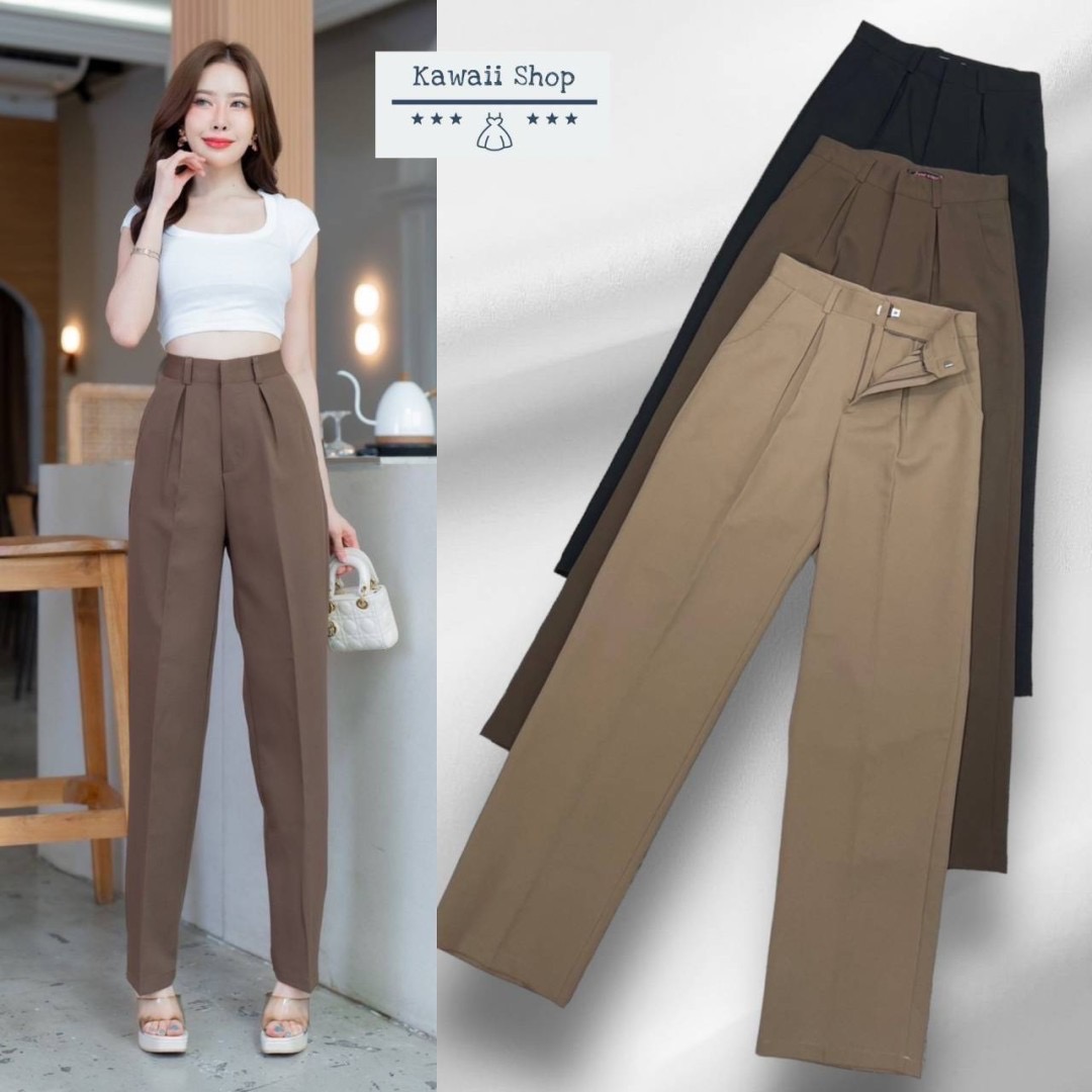 กางเกงขายาว ทรงกระบอกกลาง ดีเทลจีบหน้าทวิส ซิปหน้า กระเป๋าข้าง ผ้าพอลลี่ ใส่สบาย : สินค้าคุณภาพ (พร้อมส่ง)