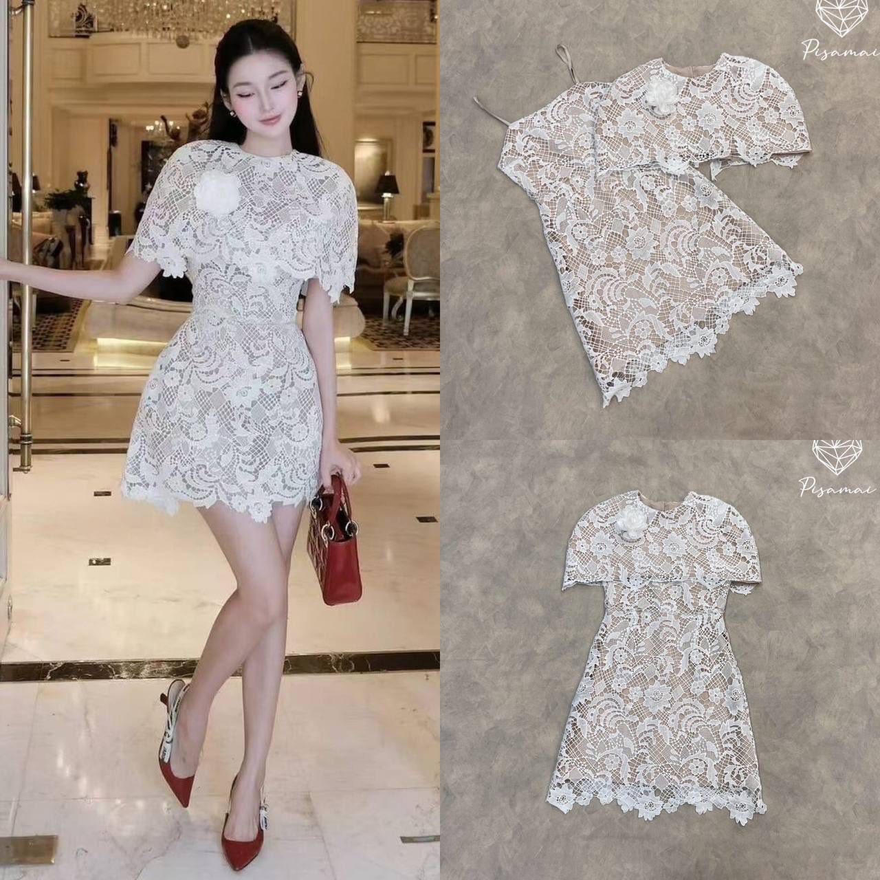 เดรสสายเดี่ยวลูกไม้ฉลุสีขาว มาคู่กับเสื้อคลุมตัวสั้นทรงค้างคาว พร้อมเข็มกลัดดอกไม้ ใส่สบาย : สินค้าคุณภาพ (พร้อมส่ง)