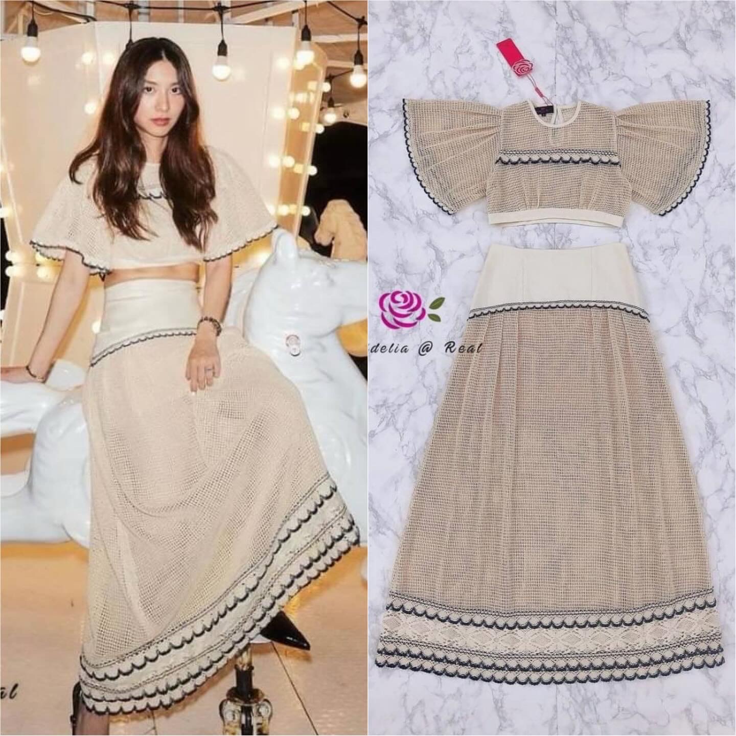 Set ::เซตเสื้อแขนบานตัวสั้นสวยทรงดี มีกิมมิคแต่งแถบลูกไม้สวย มาเข้าชุดกับกระโปรง ทรงเอบานงานเนื้อผ้าสวยเก๋: สินค้าคุณภาพ (พร้อมส่ง)