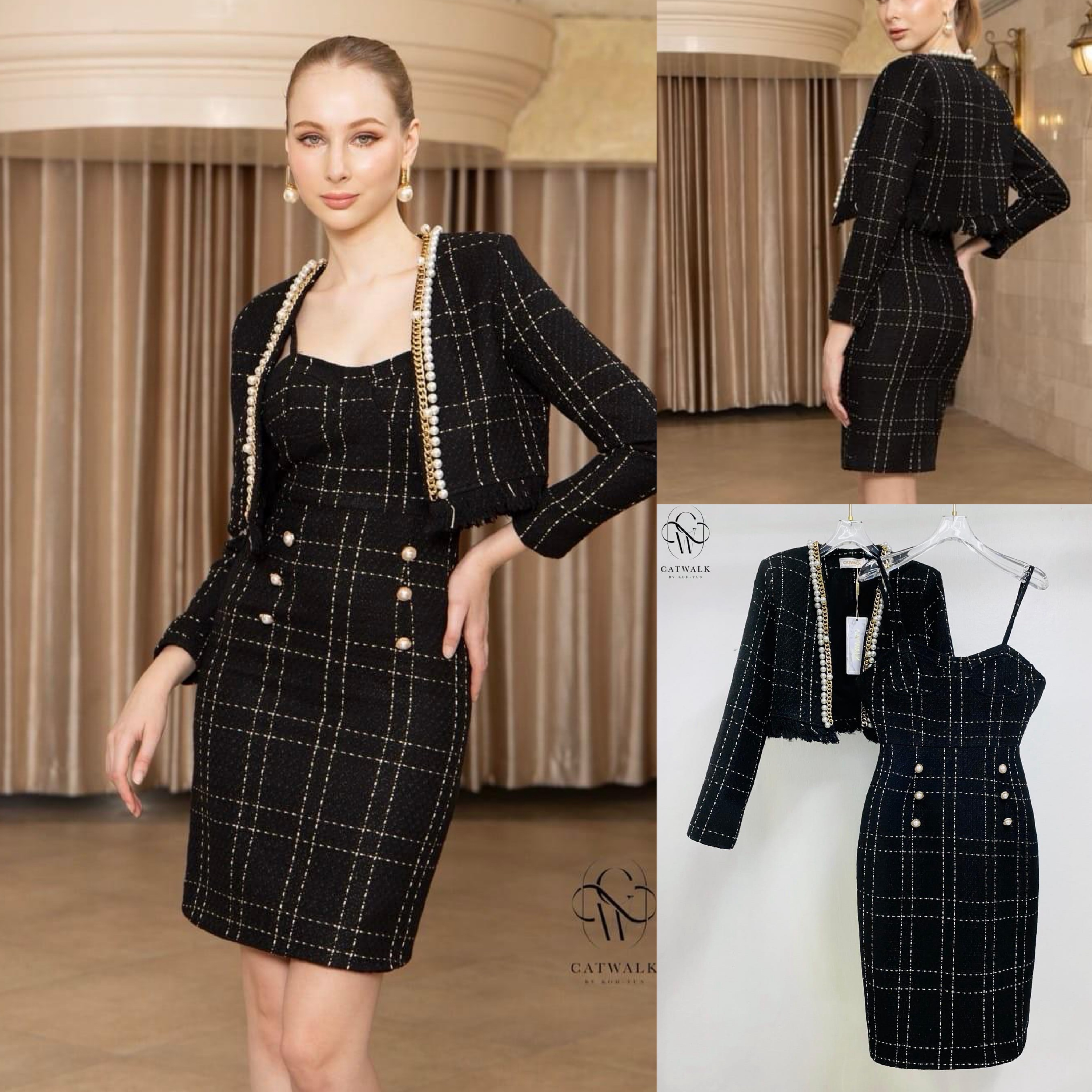 เซตเดรส สายเดี่ยวเสื้อคลุมผ้าทวีตแต่งมุก เนื้อผ้าทวีต เกรดเอ ทอเป็นลายดูโดดเด่นสุดๆ ตัวชุดเป็น ทรงเข้ารูป ใส่สบาย สินค้าคุณภาพ (พร้อมส่ง)