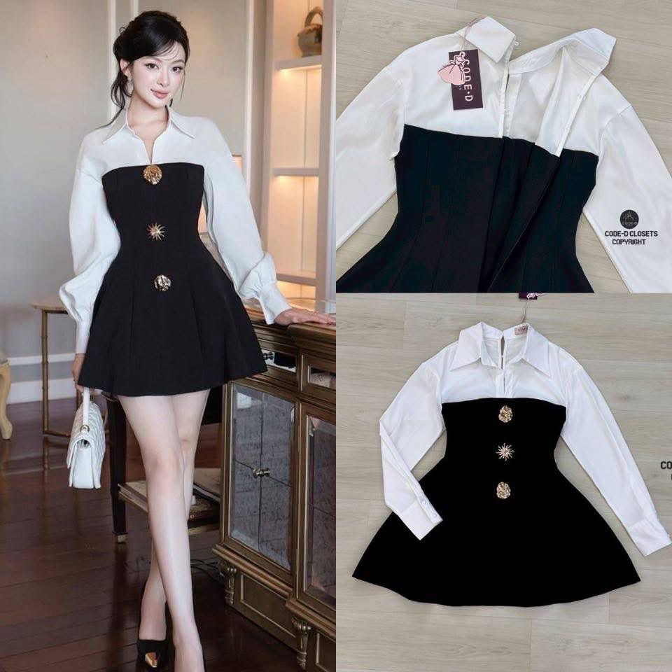 มินิเดรสเสื้อเซิ้ตแขนยาวคอปกสีขาว ดีเทลของชุดแต่งเป็นเกาะอกสีดำ สไตล์เก๋ๆ แต่งอ่ะไหล่ทองด้านหน้า อกเอว เข้ารูป ( มีซับใน ) มีกระดุมและซิปซ่อนด้าน ใส่สบาย : สินค้าคุณภาพ (พร้อมส่ง)