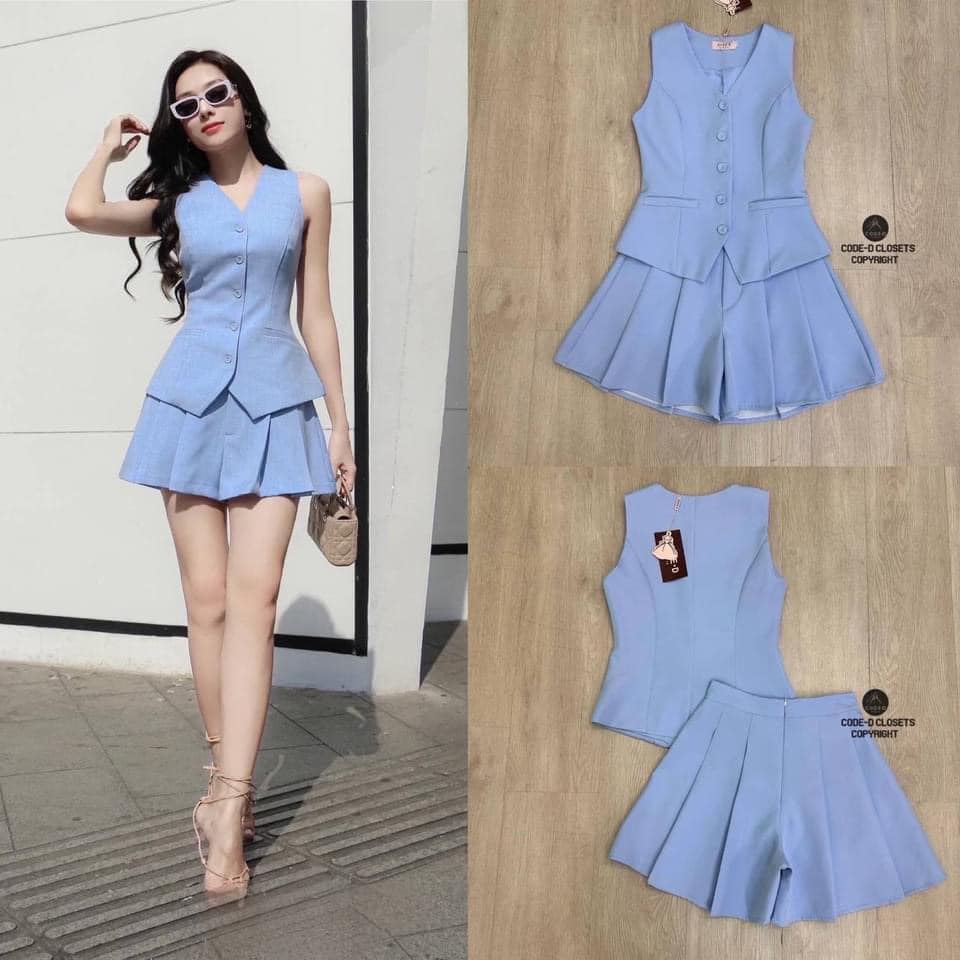 Set 2 ชิ้น สีฟ้า เสื้อเบลเซอร์แขนกุด ด้านหน้ามีกระดุมเรียงยาว และมีกระเป๋า2ข้าง ล้วงได้ พร้อมกับกางเกงขาสั้น ใส่สบาย สินค้าคุณภาพ (พร้อมส่ง)