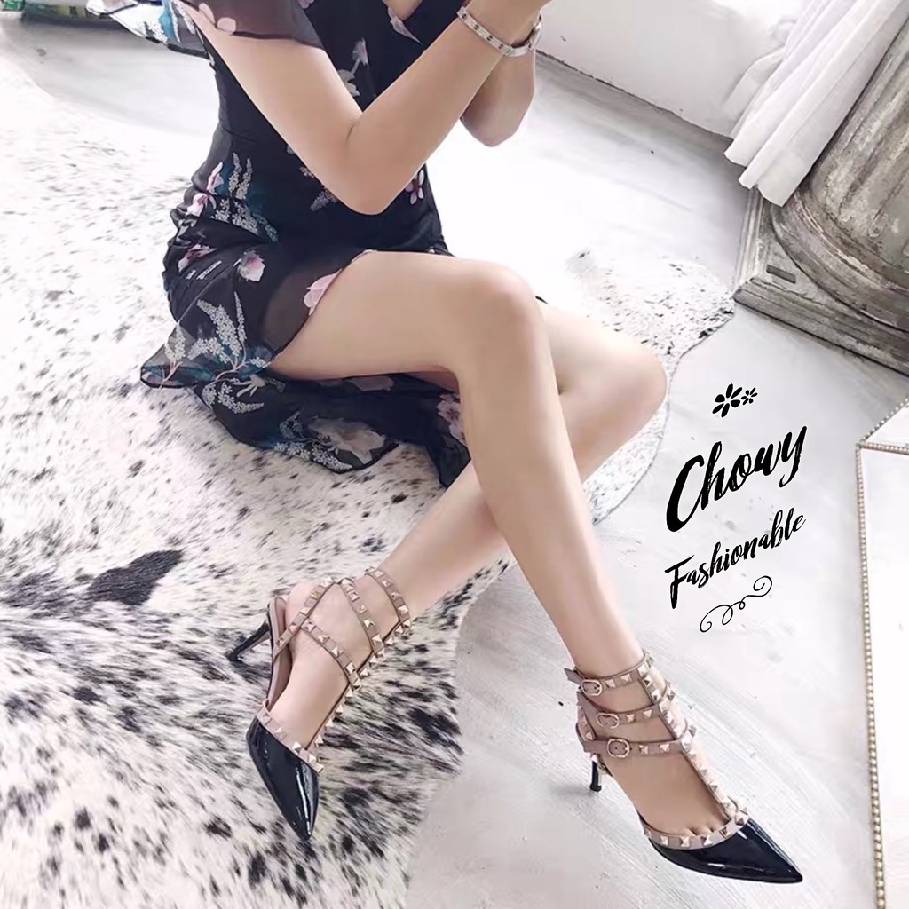 รองเท้าไซส์ใหญ่ 40-43 Rivert Style แบบ 3 เส้น ส้นสูงไซส์ใหญ่ KR0486BN