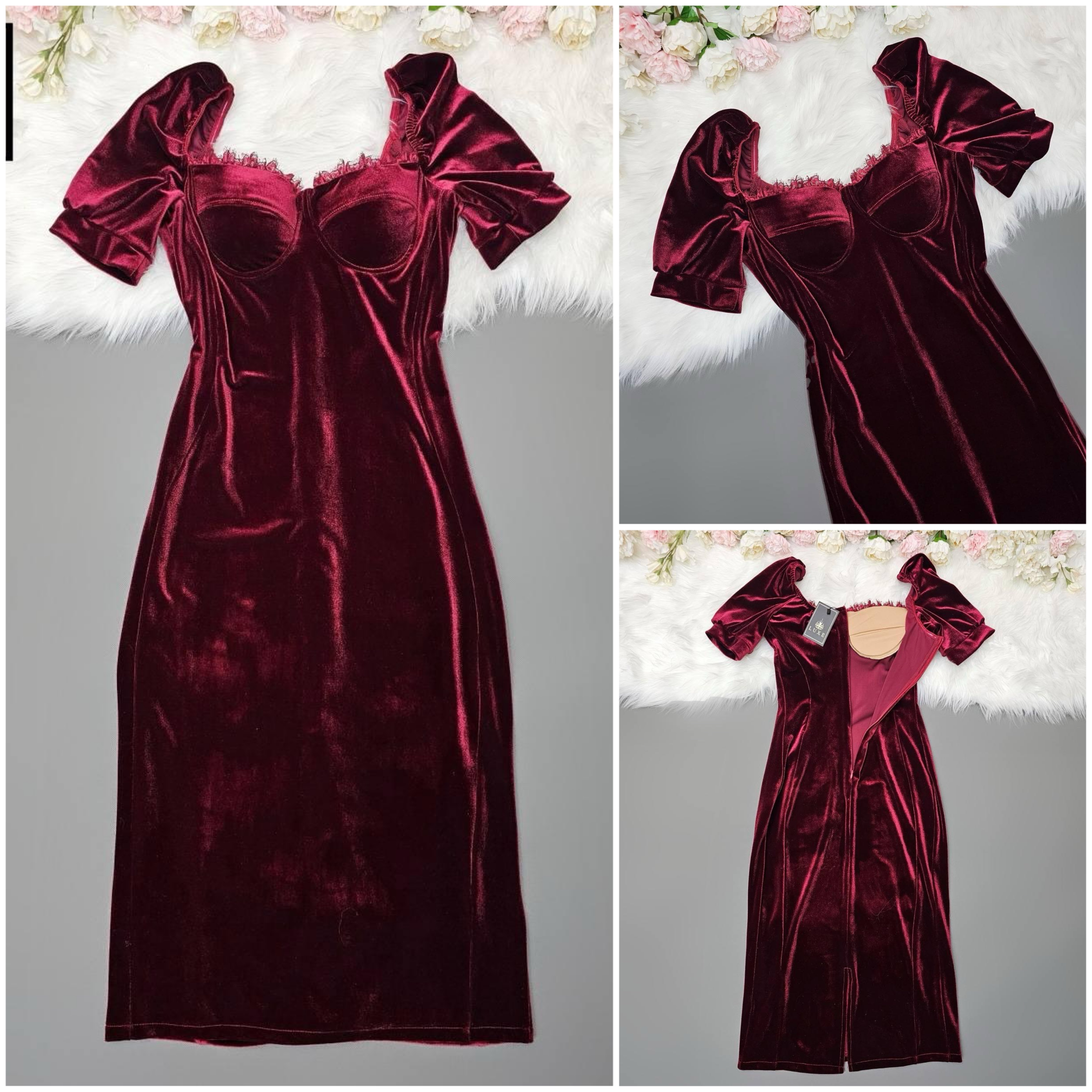 เดรสเสื้อคอกว้างแขนตุ๊กตา กระโปรงทรงสอบ ตรงอกเสื้อมีโครง แต่งด้วยลูกไม้เชิงเพิ่มความเซ็กซี่feminine ใส่สบาย : สินค้าคุณภาพ (พร้อมส่ง)