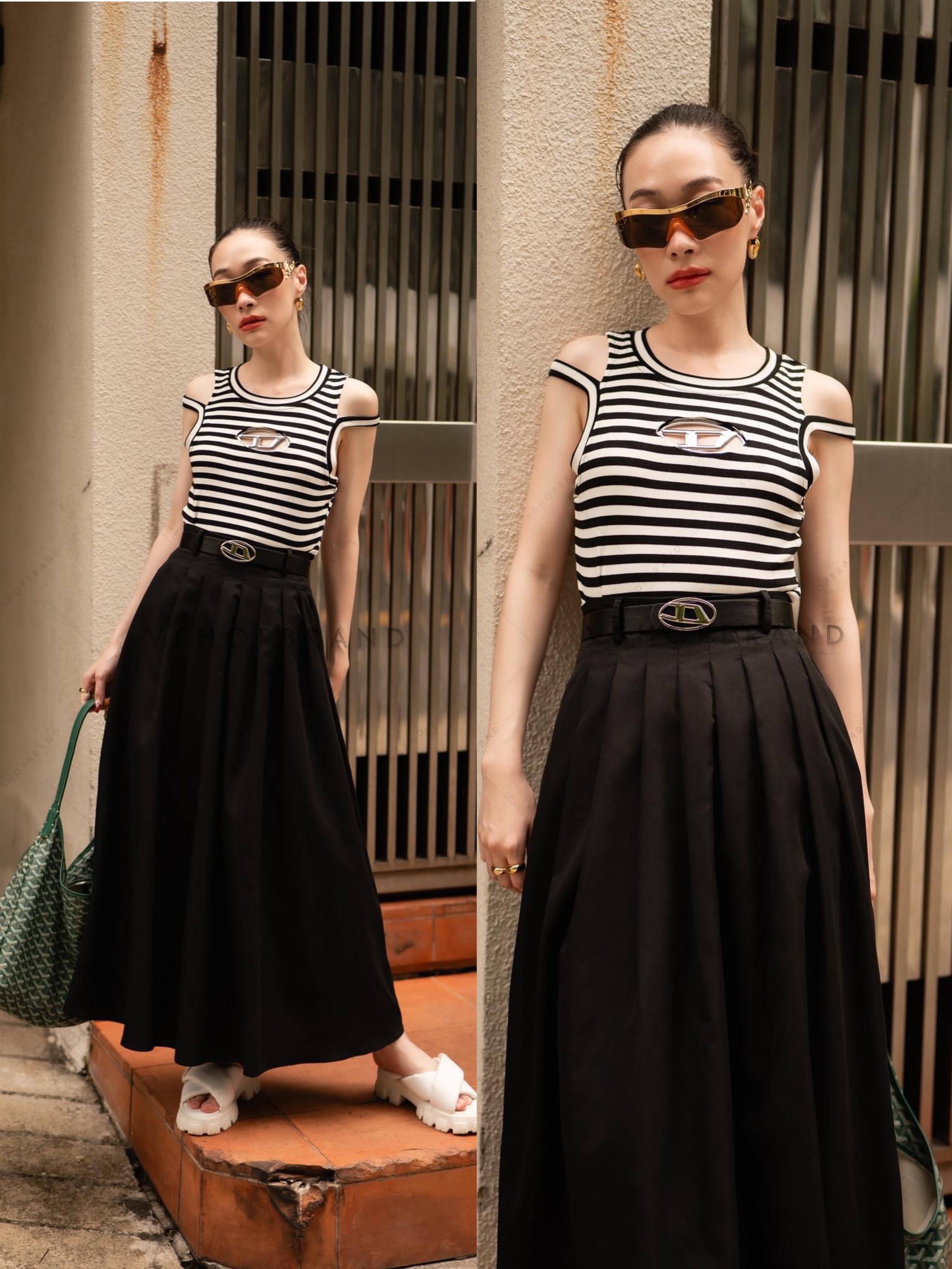 Set เสื้อกล้ามริ้วดีเซล + กระโปรงยาว + เข็มขัด สินค้าคุณภาพ (พร้อมส่ง)