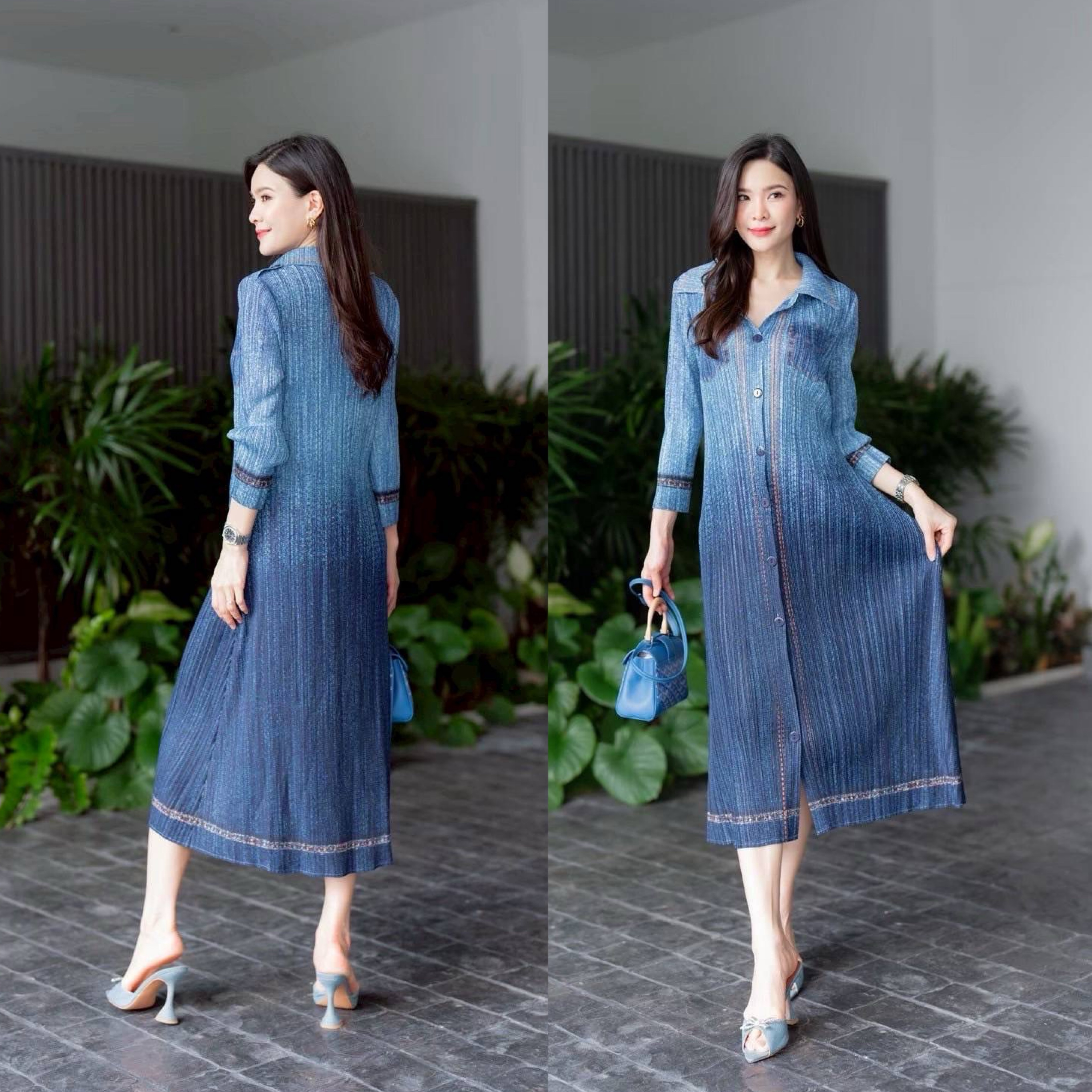 เดรสคลุมเข่า ทรงคอปก แขนสั้น แพทเทิร์นอัดพลีทเข้าเคิร์ฟ ทรงสวย Premium 👍🏻 พิมพ์ลายยีนส์ ทั้งตัว ดีเทลแน่นๆ ใส่สบาย : สินค้าคุณภาพ (พร้อมส่ง)