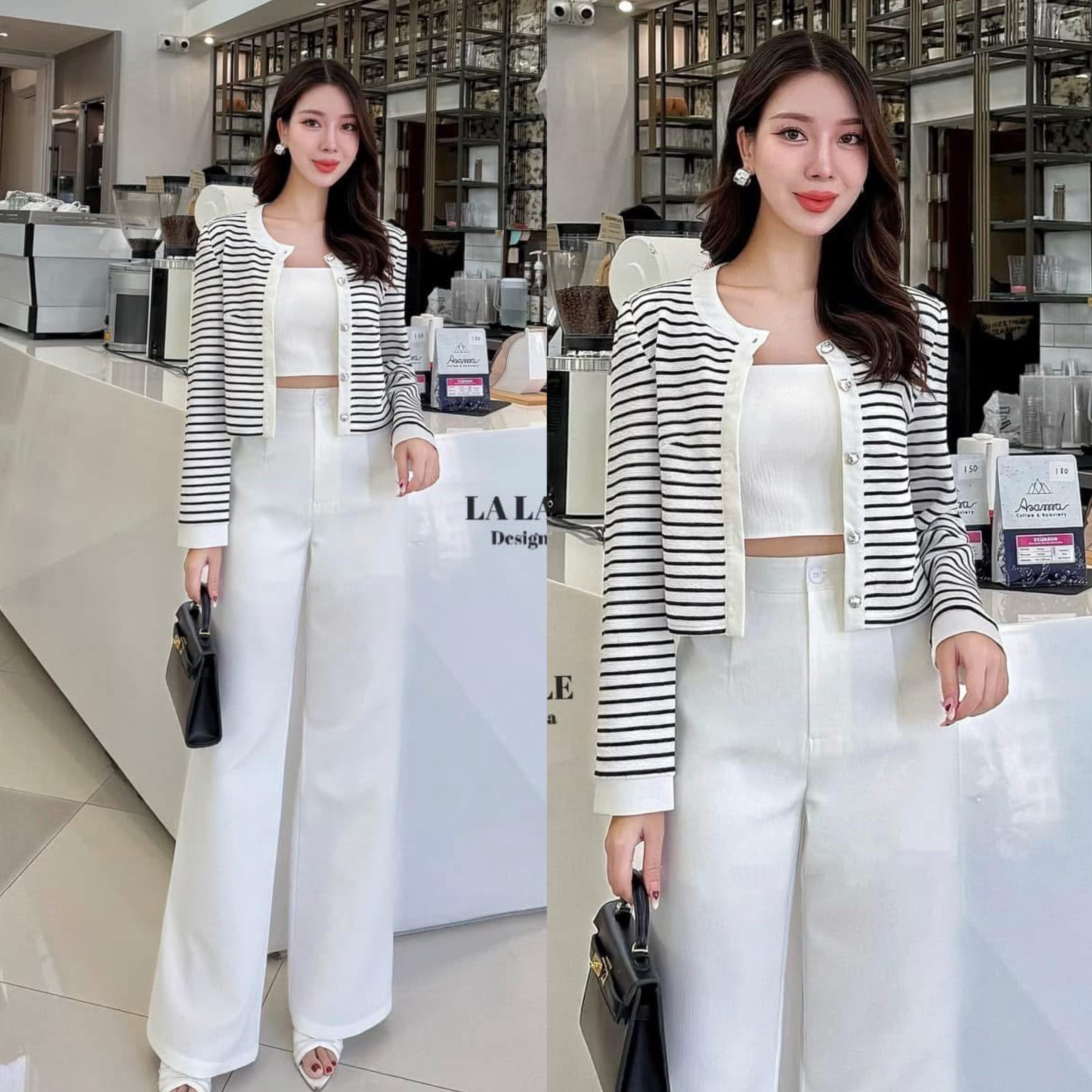 เซต3ชิ้น เสื้อสายเดี่ยวปรับสายได้เสริมฟองน้ำหน้าอกใส่คู่กางเกงขายาวทรงสวยมากมีซับในอัดกาวทั้งชุดเนื้อผ้าทอลายไม้มาพร้อมเสื้อคลุมลายริ้ว ใส่สบาย : สินค้าคุณภาพ (พร้อมส่ง)