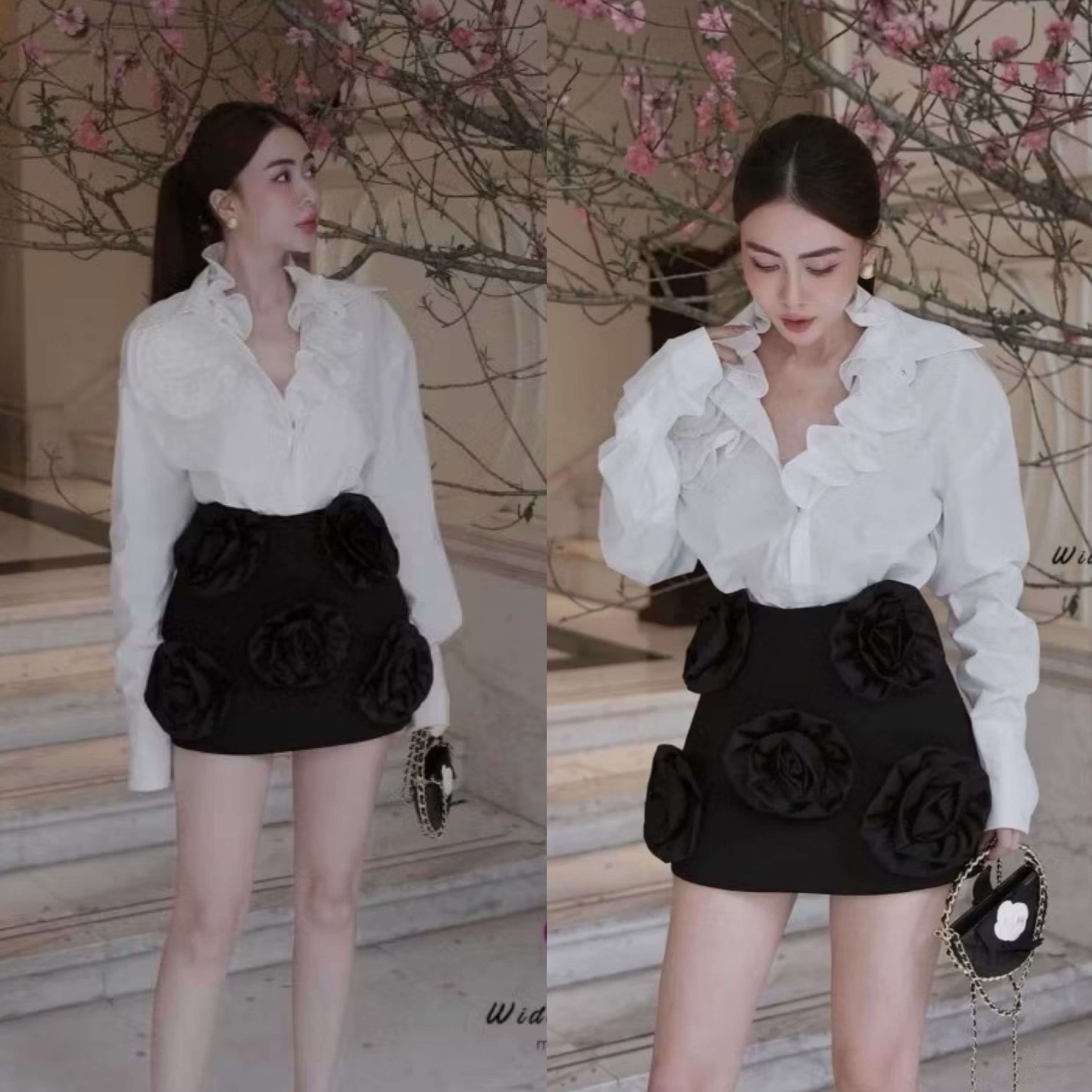 เซ็ทเสื้อเชิ๊ตแขนยาวตัวสวยสุดเฟียส แพทเทิ้ลสวยเป๊ะ มีดีเทลเก๋ด้วยการแต่งระบายช่วงคอและแต่งดอกไม้ด้านข้างเพิ่มความคูล มาเข้าชุดกับกระโปรงสั้นทรงสวย เพิ่มความเก๋ด้วยการแต่งดอกไม้ตรงกระโปรง ใส่สบาย : สินค้าคุณภาพ (พร้อมส่ง)