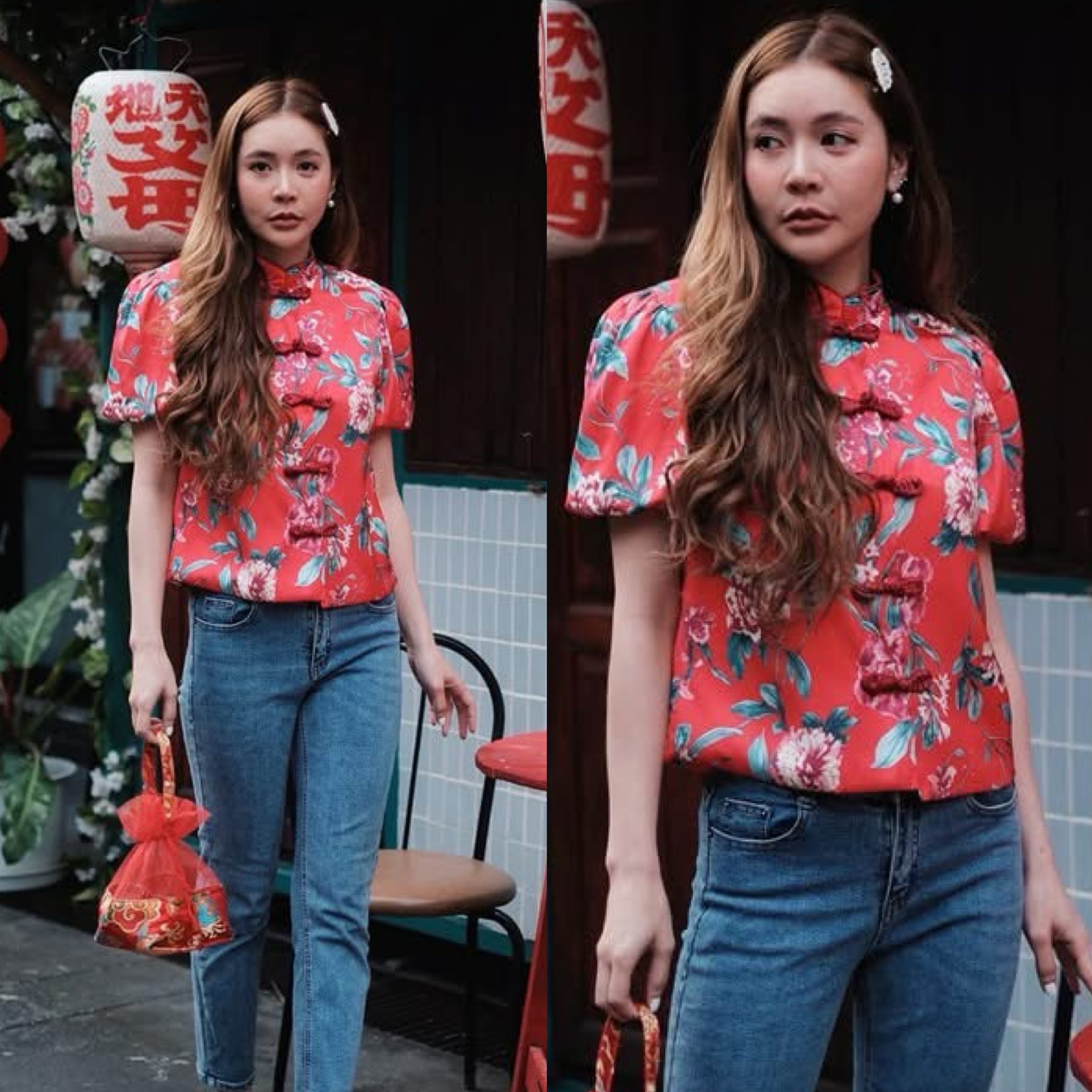 เสื้อคอจีนแขนฟักทอง ผ้าลายดอกไม้สีสันสดใส ใดๆผ้าคือสวยมากๆ ด้านหน้างานสวยเ ใส่สบาย : สินค้าคุณภาพ (พร้อมส่ง)