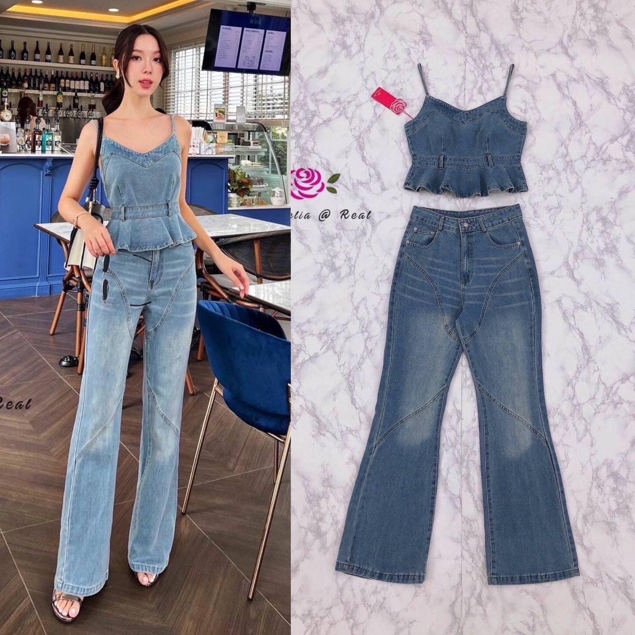 Set :: เสื้อสายเดี่ยวตัวสวยทรงดีคอวีสวย ท่อนเอวระบาย มาเข้าชุดพร้อมกับกางเกงขายาวตัวสวย ทั้งชุดใช้ผ้ายีนส์เนื้อนุ่ม ฟอกสีนะจ๊ะ ใส่สบาย : สินค้าคุณภาพ (พร้อมส่ง)