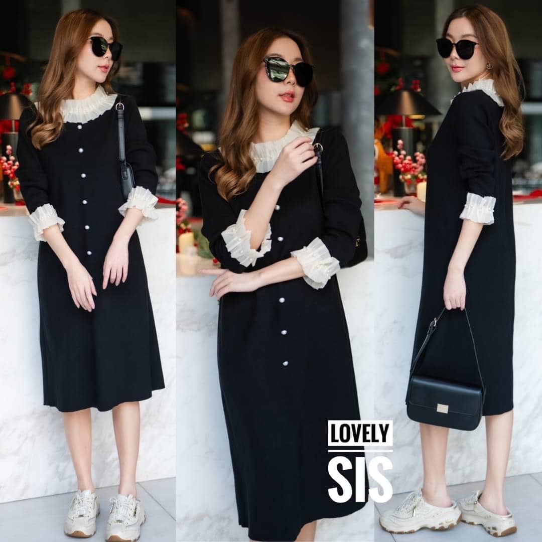 เดรสไหมพรมแขนยาวงานดีเทลแต่งคอปีน และปลายแขนด้วยผ้าแก้วพรีเมี่ยมเนื้อนิ่ม แต่งมุก ใส่สบาย สินค้าคุณภาพ (พร้อมส่ง)