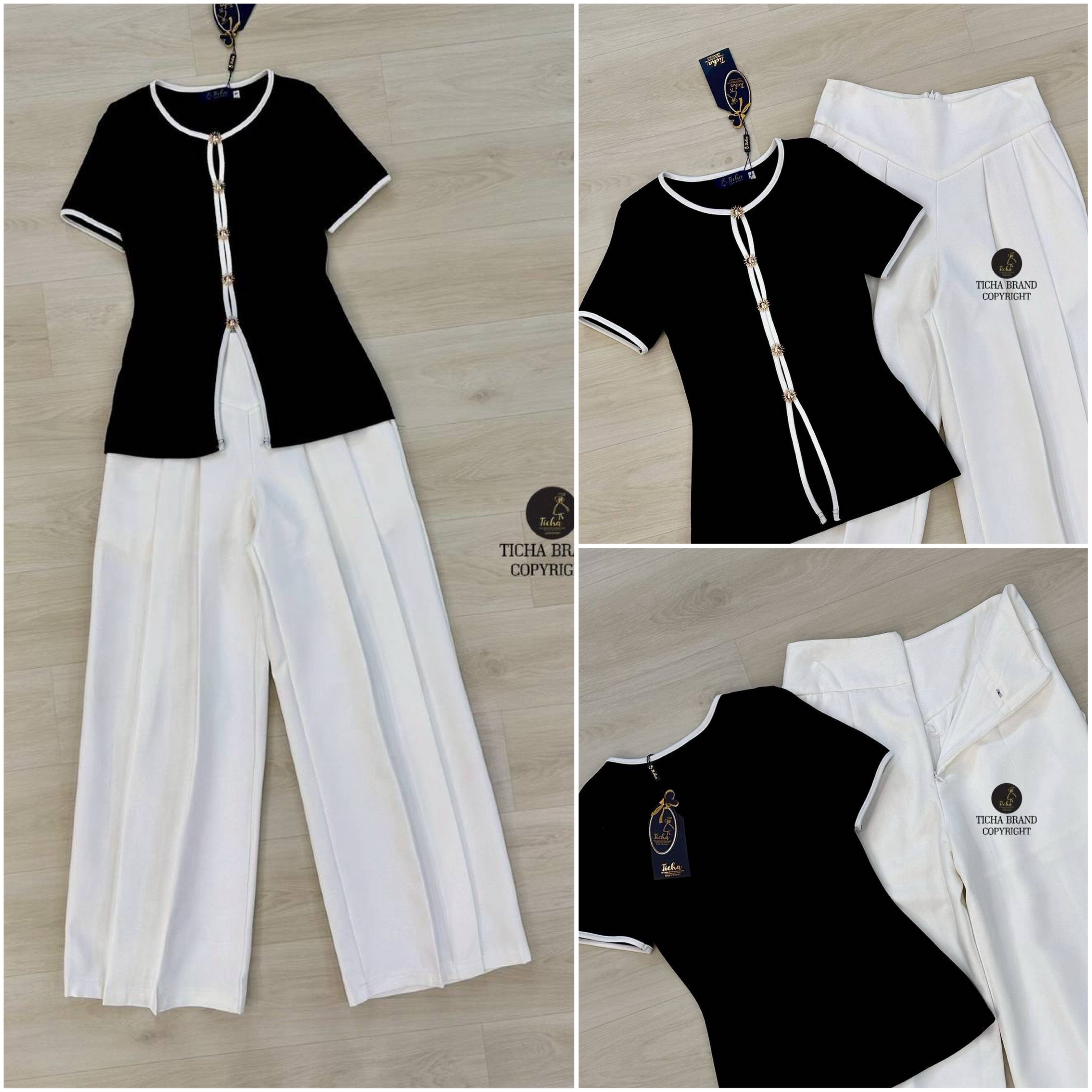 เขต2ชิ้น เสื้อแขนสั้นสีดำคอกลมแต่งกุ้นขอบคอ แขน และช่วงด้านหน้าของเสื้อ แต่งอ่ะไหล่สีทองด้านหน้าดีเทลเว้าอกดูเซ็กซี่สุดๆๆ ใส่แมทซ์กับกางเกงทรงขาบาน ใส่สบาย : สินค้าคุณภาพ (พร้อมส่ง)