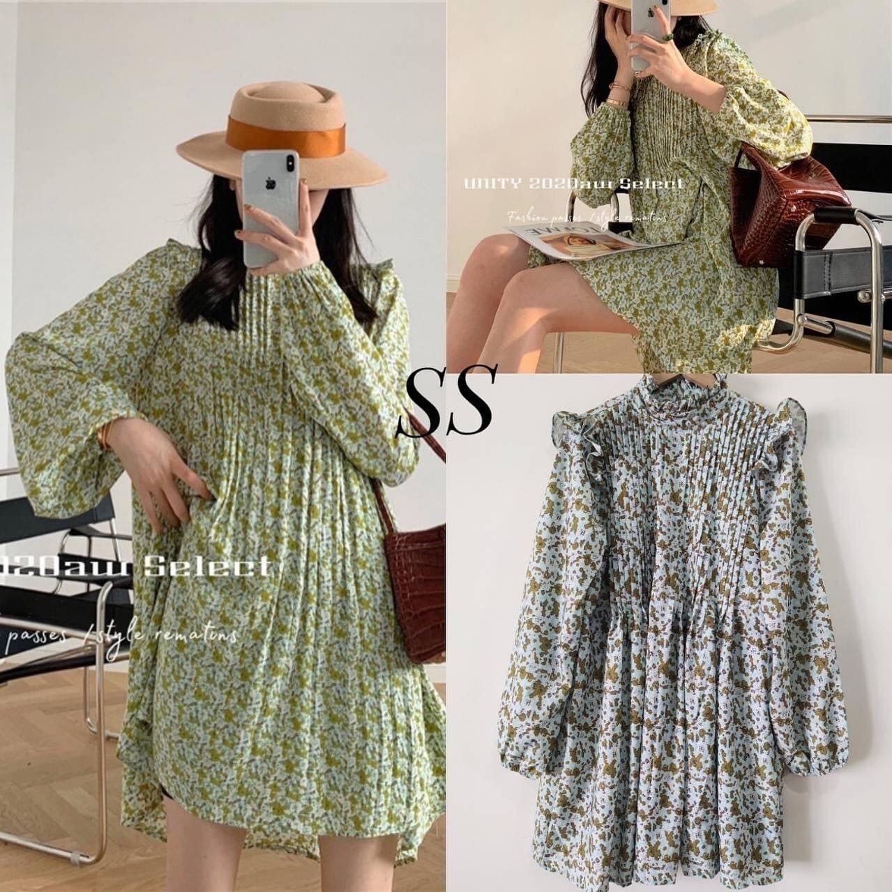 เดรสสั้น ผ้าพิมพ์ลาย ผ้านิ่ม ลื่น ใส่เย็บสบาย ด้านหน้าจับจีบน่ารัก ชายกระโปรงปล่อย แขนยาวปลายแขนจั๊ม สินค้าคุณภาพ (พร้อมส่ง)