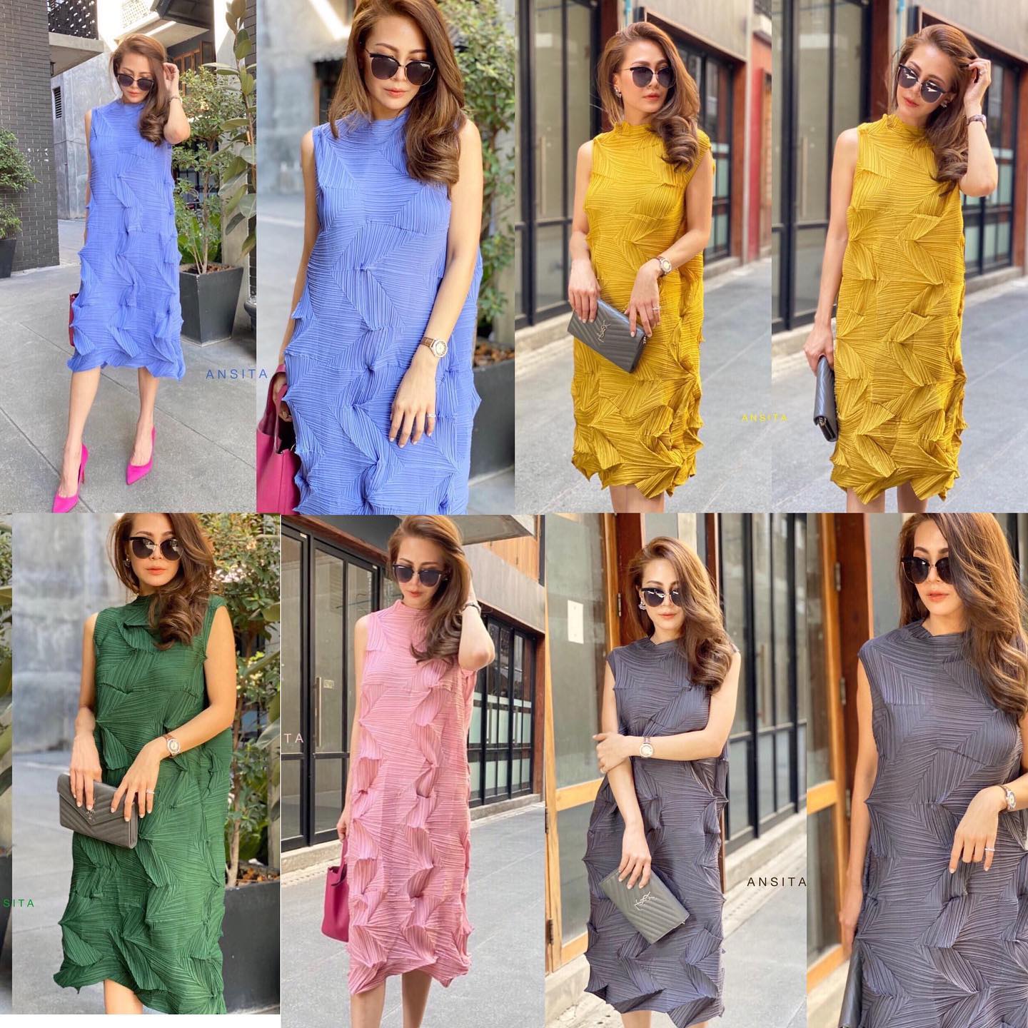 มินิเดรสแขนกุด 🥰 อัดพลีท แบบหยักมุม ให้ดูแปลกตา ทรงปล่อย แพตเทิร์นเบสิค ใส่ง่าย สินค้าคุณภาพ (พร้อมส่ง)