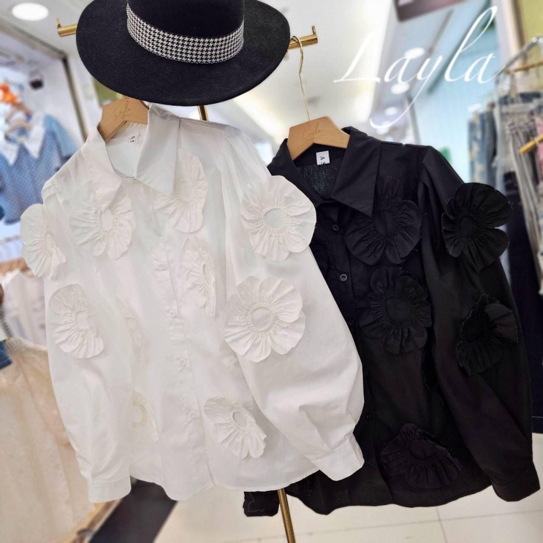 เสื้อเชิ้ตทรงสวยแต่งดอกไม้ 3d งานสวย แบบตะโกน ทรงโอเว่อไซส์นิดๆ ดีเทลสวย งานเย็บอย่างดี : สินค้าคุณภาพ (พร้อมส่ง)