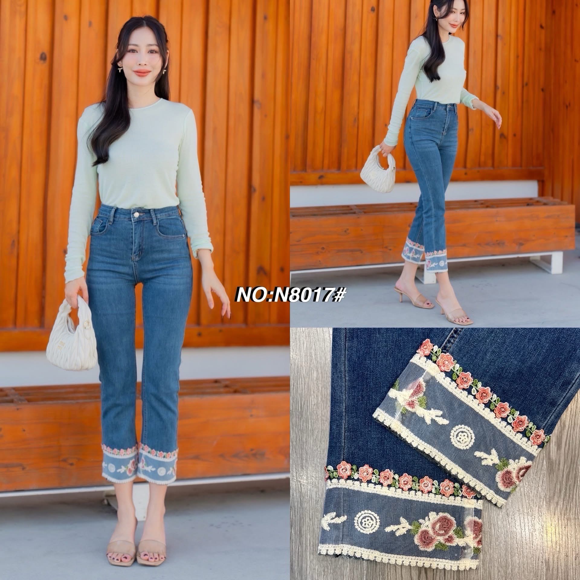 กางเกงยีนส์ทรง8ส่วน ทรงกระบอกเล็ก ปลายขาตัดต่อผ้า two tone style !!! แต่งลูกไม้ ใส่น่ารักมากๆค่า สวยฮิตสุดๆ ฟอกสีสวยมาก ใส่ทรงสวย ดูมีเชฟสุดๆ ใส่สบาย : สินค้าคุณภาพ (พร้อมส่ง)