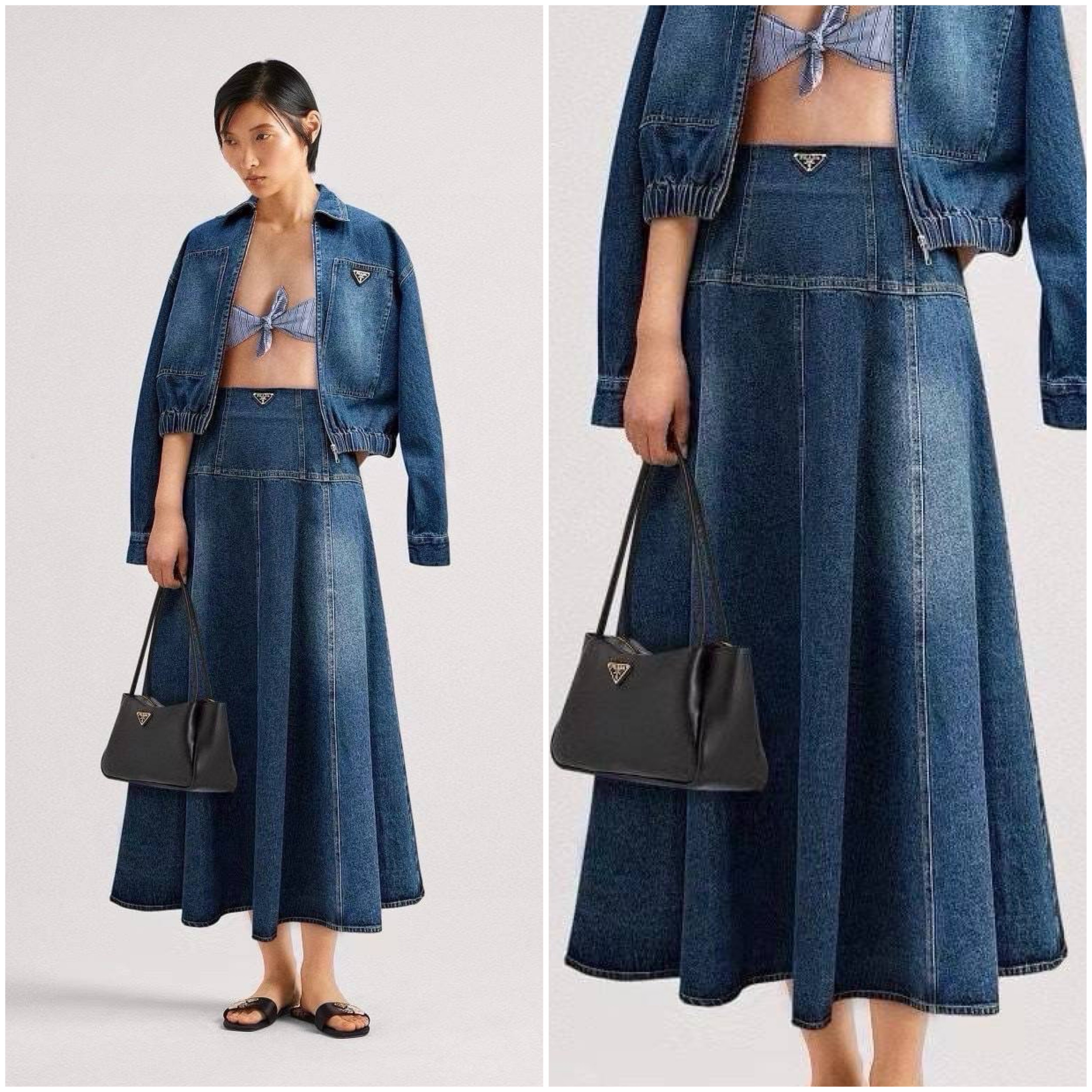 Set Jacket ยีนส์แขนยาวเอวจั๊มแต่งโลโก้แบรนด์ + กระโปรงยีนยาว PRADA : สินค้าคุณภาพ (พร้อมส่ง)