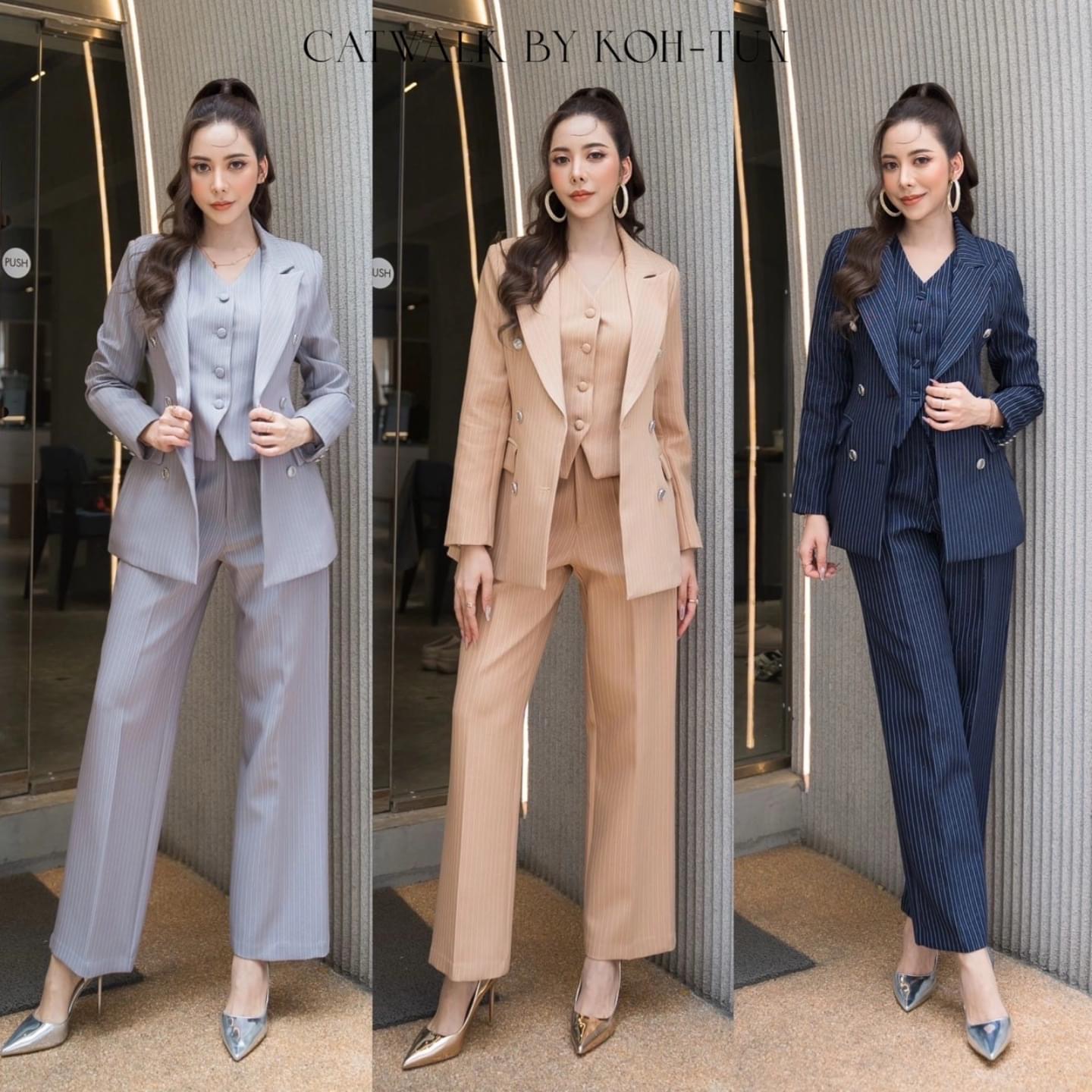 BLAZER 3 ชิ้น ตัว BLAZER เป็นทรงเข้ารูป+ เสื้อ Vest ทรงเข้ารูปคอวี + กางเกงทรงขากระบอกตรง เนื้อผ้าทอลายในตัว เกรด hiend เนื้อผ้าสวยมาก ใส่สบาย : สินค้าคุณภาพ (พร้อมส่ง)