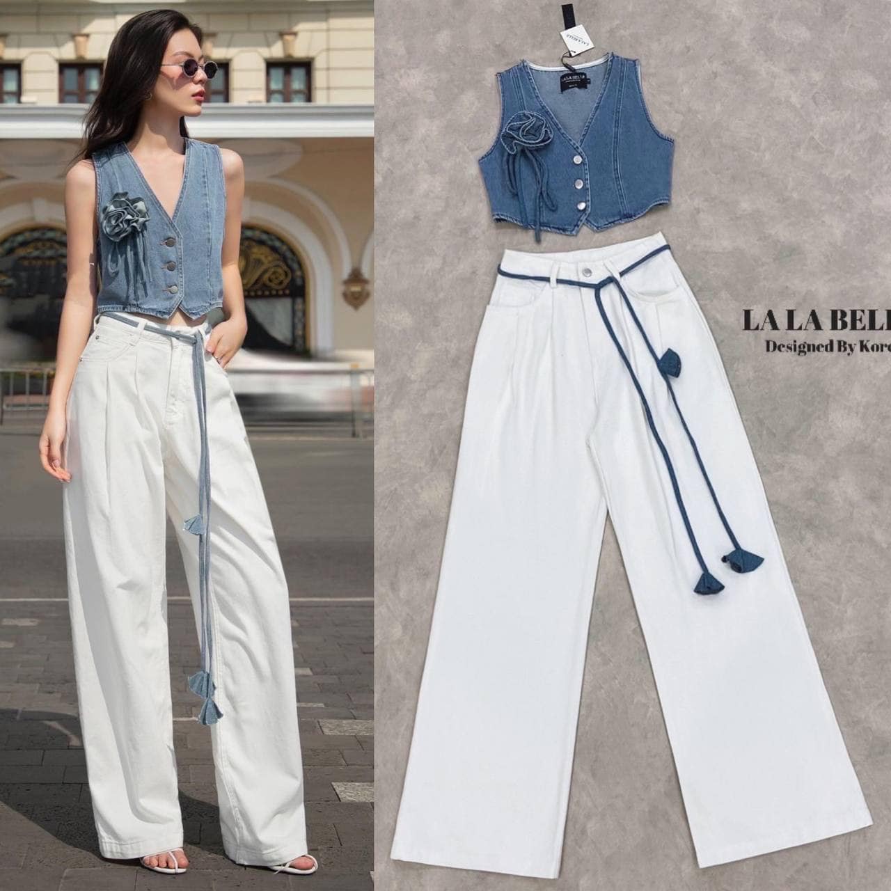 เซต3ชิ้นกักยีนส์ฟอก+กางเกงยีนส์ สีขาวเข้าชุด+เชือกกอกไม้ผูกโบว์ ใส่สบาย : สินค้าคุณภาพ (พร้อมส่ง)