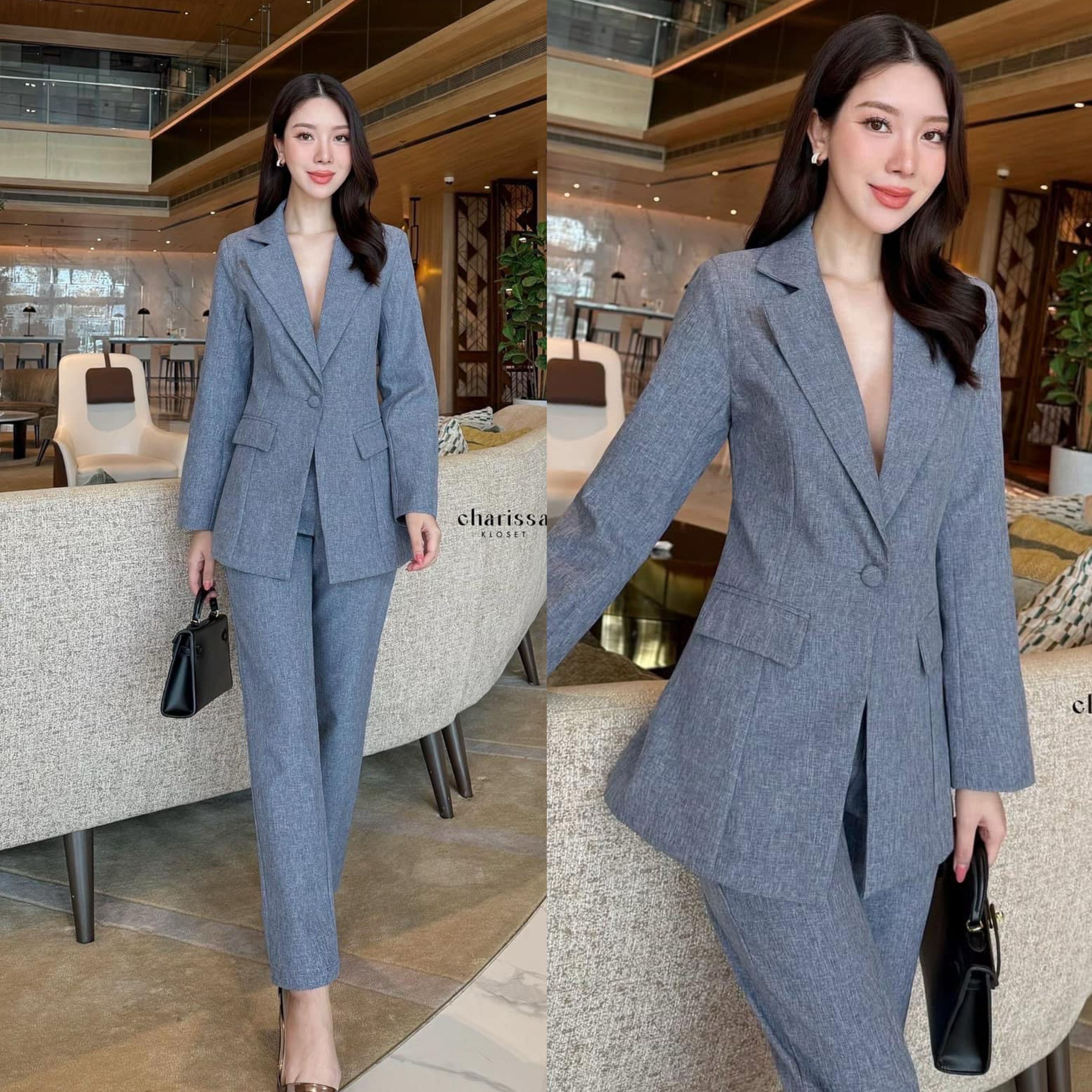 ชุดสูทเรียบหรู สวยคลาสสิค เสื้อสูทมีซับในอย่างดี แต่งกระดุมปั้มผ้าเดียวกับสีชุด +กางเกงขายาวทรงกระบอก ล็กใส่สบายๆ ใส่สบาย : สินค้าคุณภาพ (พร้อมส่ง)