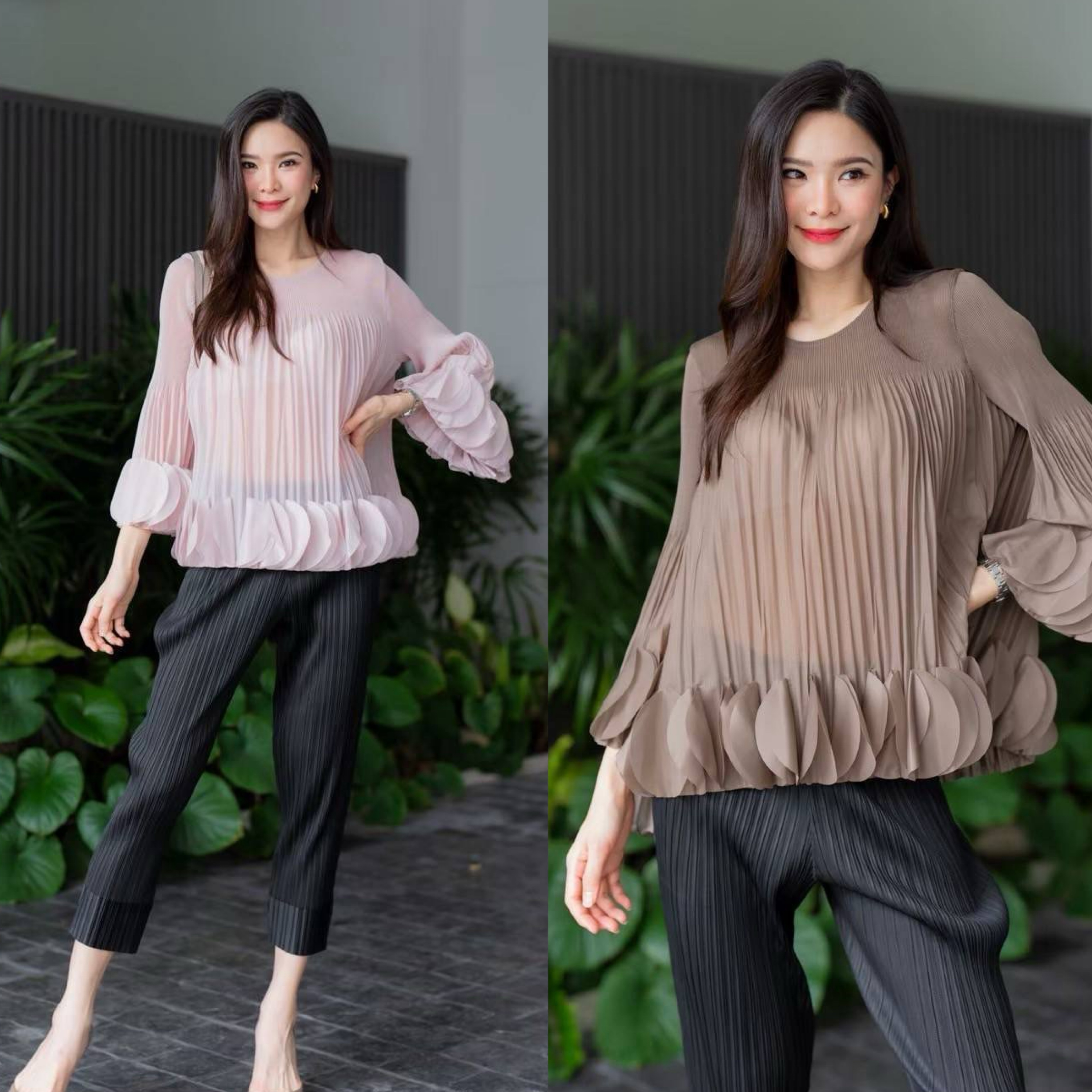 เสื้อคอกลม แขนยาว แบบมีการแต่งระบาย ด้วยการตัด เลเซอร์คัตวงกลมมาซ้อนเรียง ด้วยความประณีต ทำให้ขึ้นพุ่มทรงอย่าง สวยงาม ใส่สบาย : สินค้าคุณภาพ (พร้อมส่ง)