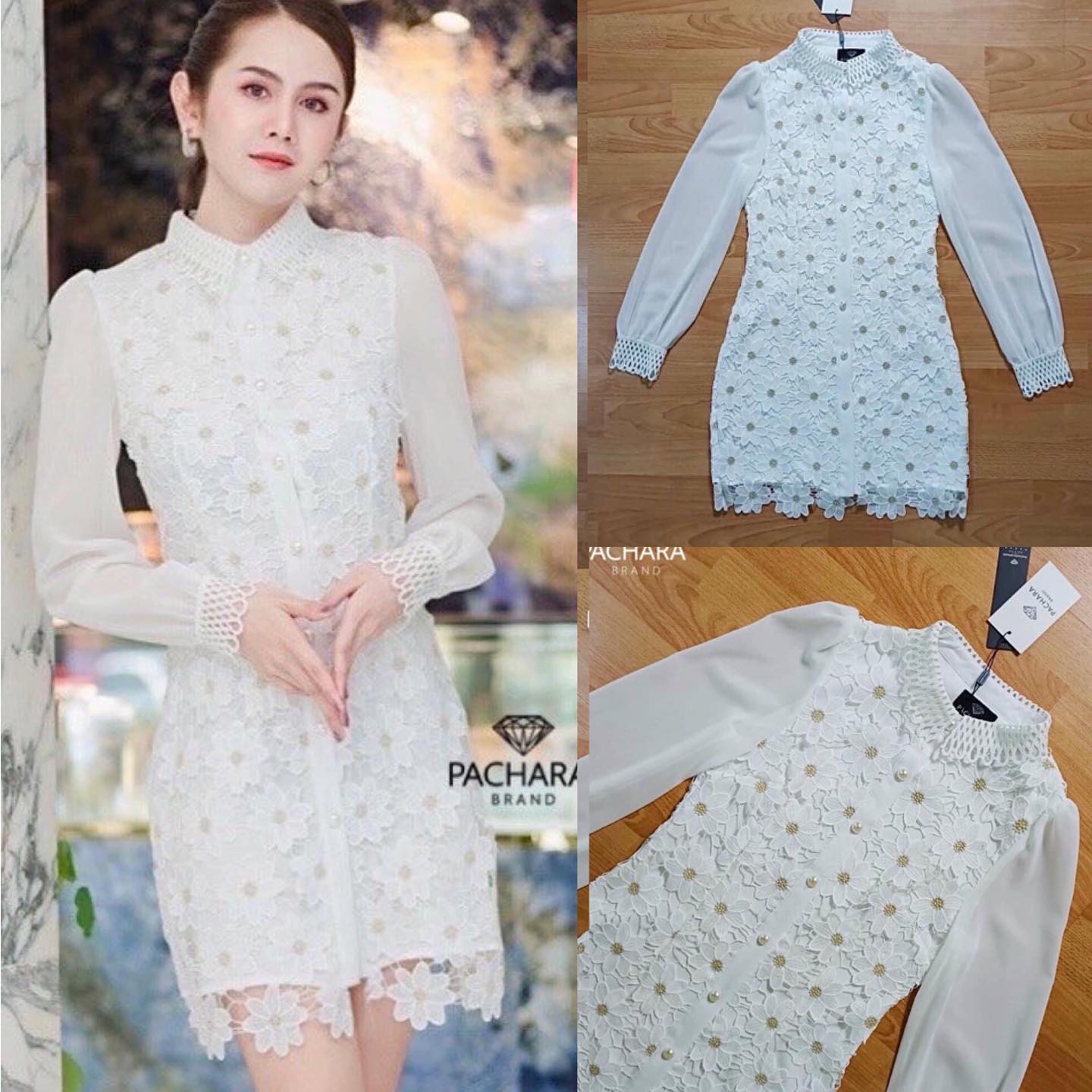 เดรสสั้นแขนยาวสีขาว งานปักลูกไม้สีขาวเกสร สีทอง สินค้าคุณภาพ (พร้อมส่ง)