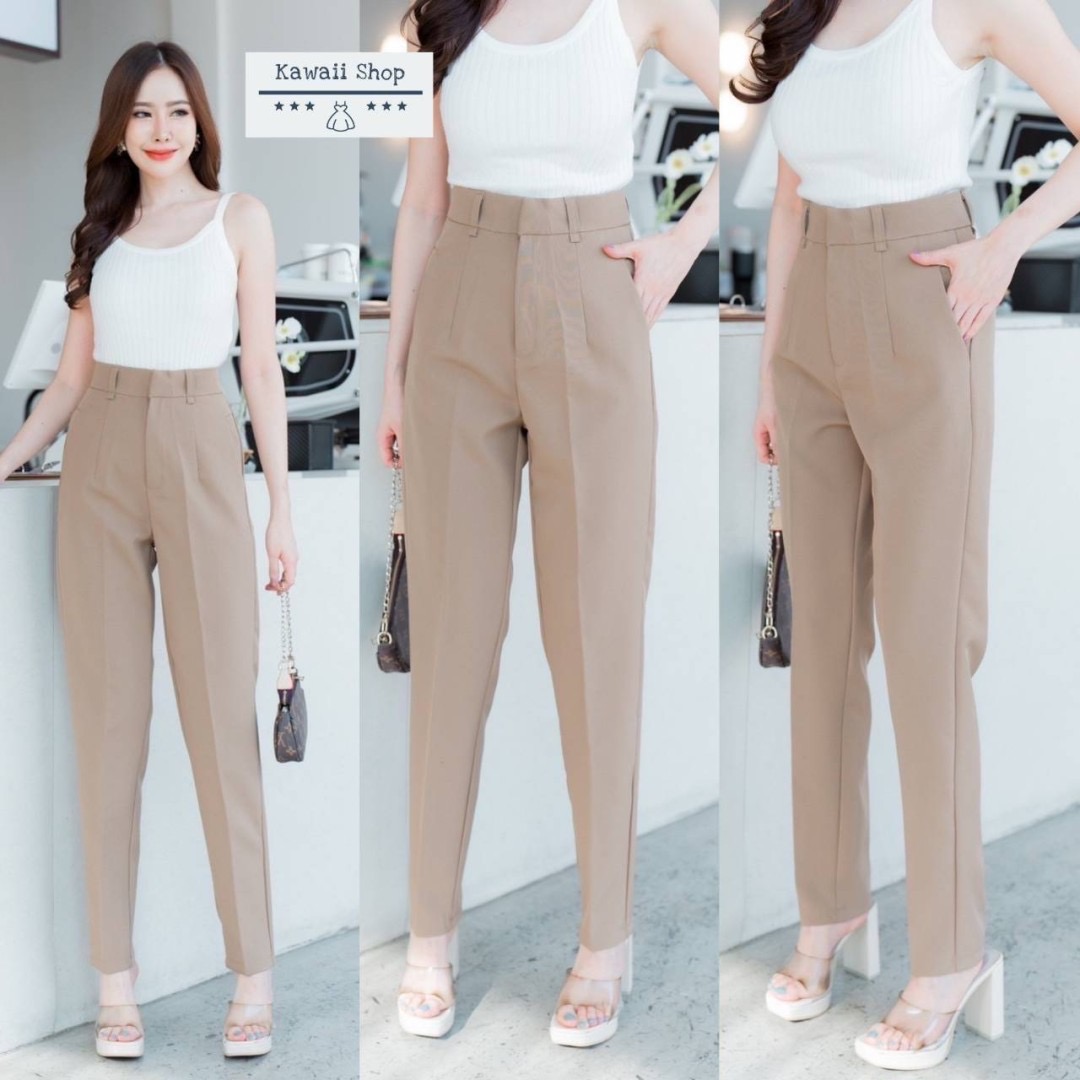 กางเกงขายาว ทรงเดฟ ดีเทลกระเป๋าสามเหลี่ยม ติดตะขอ ซิปหน้า ผ้าไมโคร ใส่สบาย : สินค้าคุณภาพ (พร้อมส่ง)