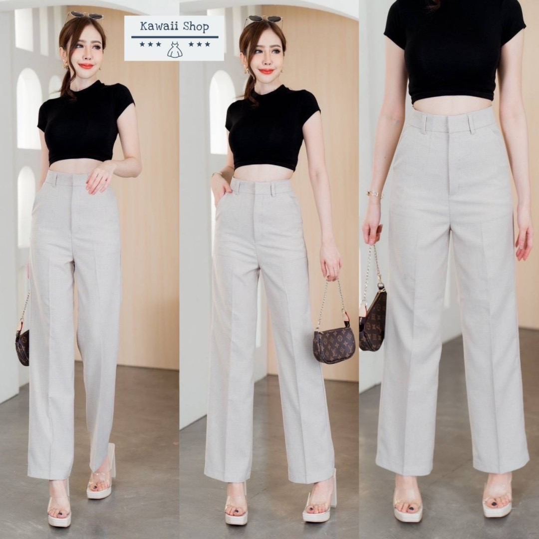 กางเกง*ขากระบอกกลาง ติดตะขอซิปหน้า มีกระเป๋าข้าง ผ้าโซดา ใส่สบาย : สินค้าคุณภาพ (พร้อมส่ง)