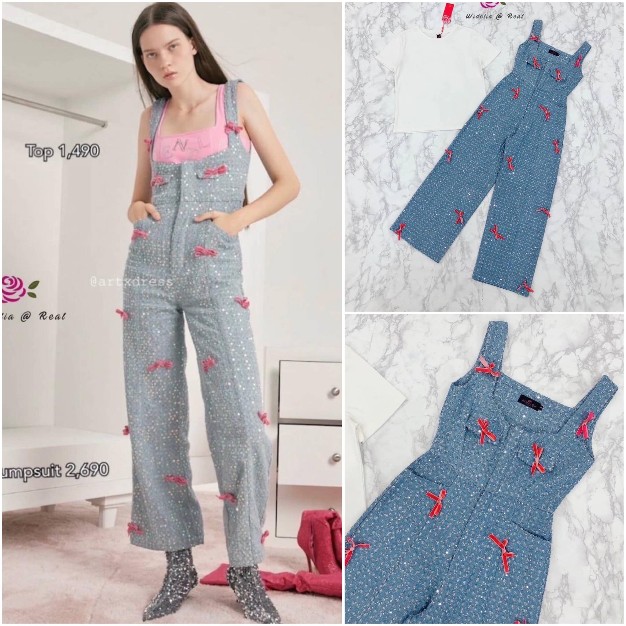 เซ็ทเอี๊ยมยีนส์ปักเลื่อมกับเสื้อยืดสีขาว สุดน่ารัก สินค้าคุณภาพ (พร้อมส่ง)