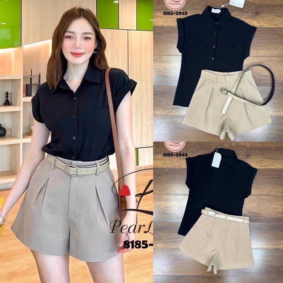 Set เสื้อเชิ้ตคอปก ผ้าดีม๊าก งานมีเทคเจอร์ในตัว ด้านหน้าแต่งกระดุม-กระเป๋าใช้งานได้จริง+กางเกงขาสั้น +เข็มขัด ใส่สบาย : สินค้าคุณภาพ (พร้อมส่ง)