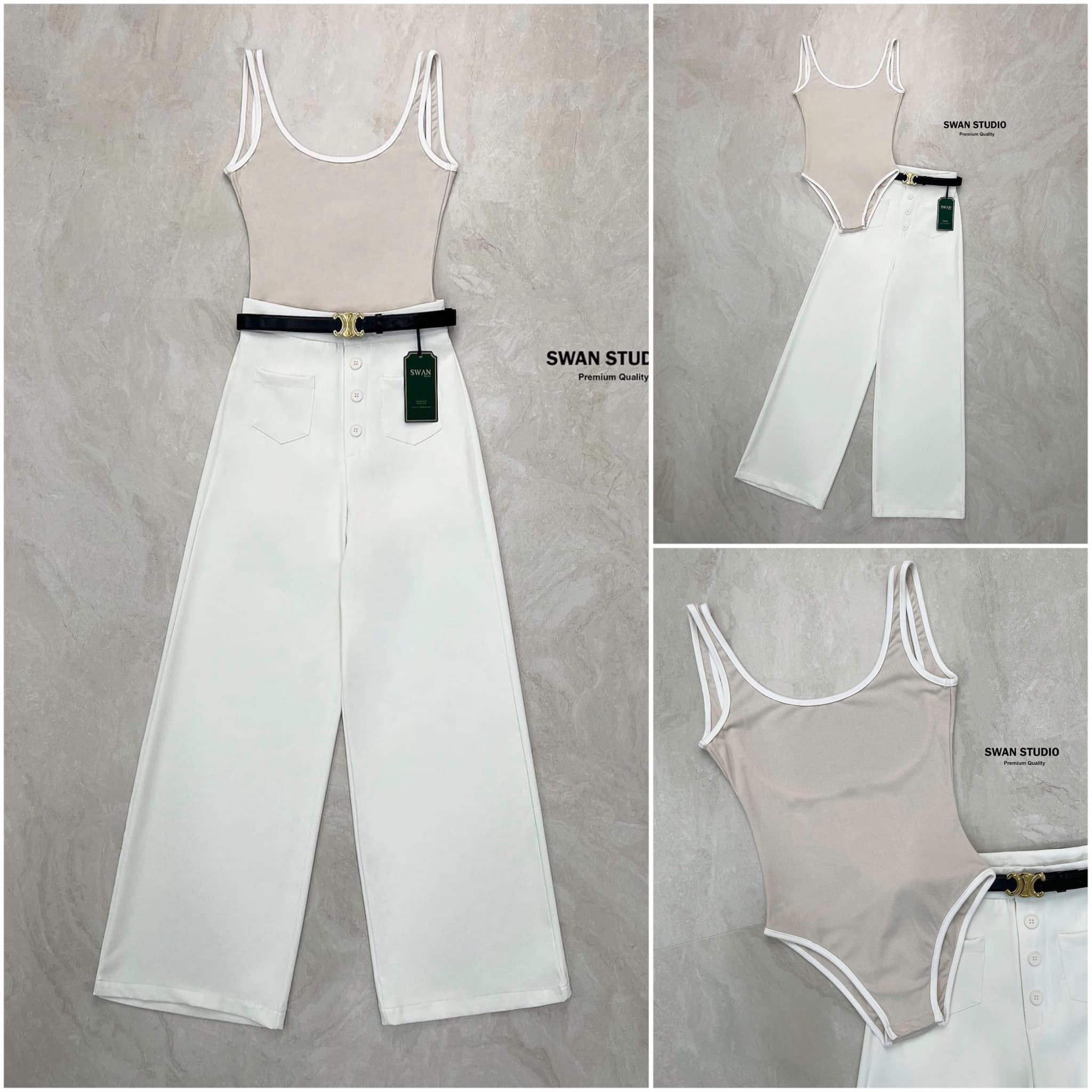 เซทเสื้อกล้ามบอดี้สูทสีนู้ดตัดขอบ สีขาว มากับกางเกงขายาว ผ้าดีมีน้ำหนัก มีเข็มขัดรัดเอวอย่างดี ใส่สบาย สินค้าคุณภาพ (พร้อมส่ง)