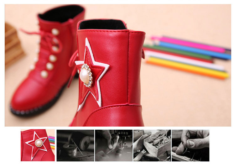 รองเท้าบู๊ทเด็ก สีแดง/สีดำ ลายดาวสวยเท่ มีซิปข้าง Size 27-38