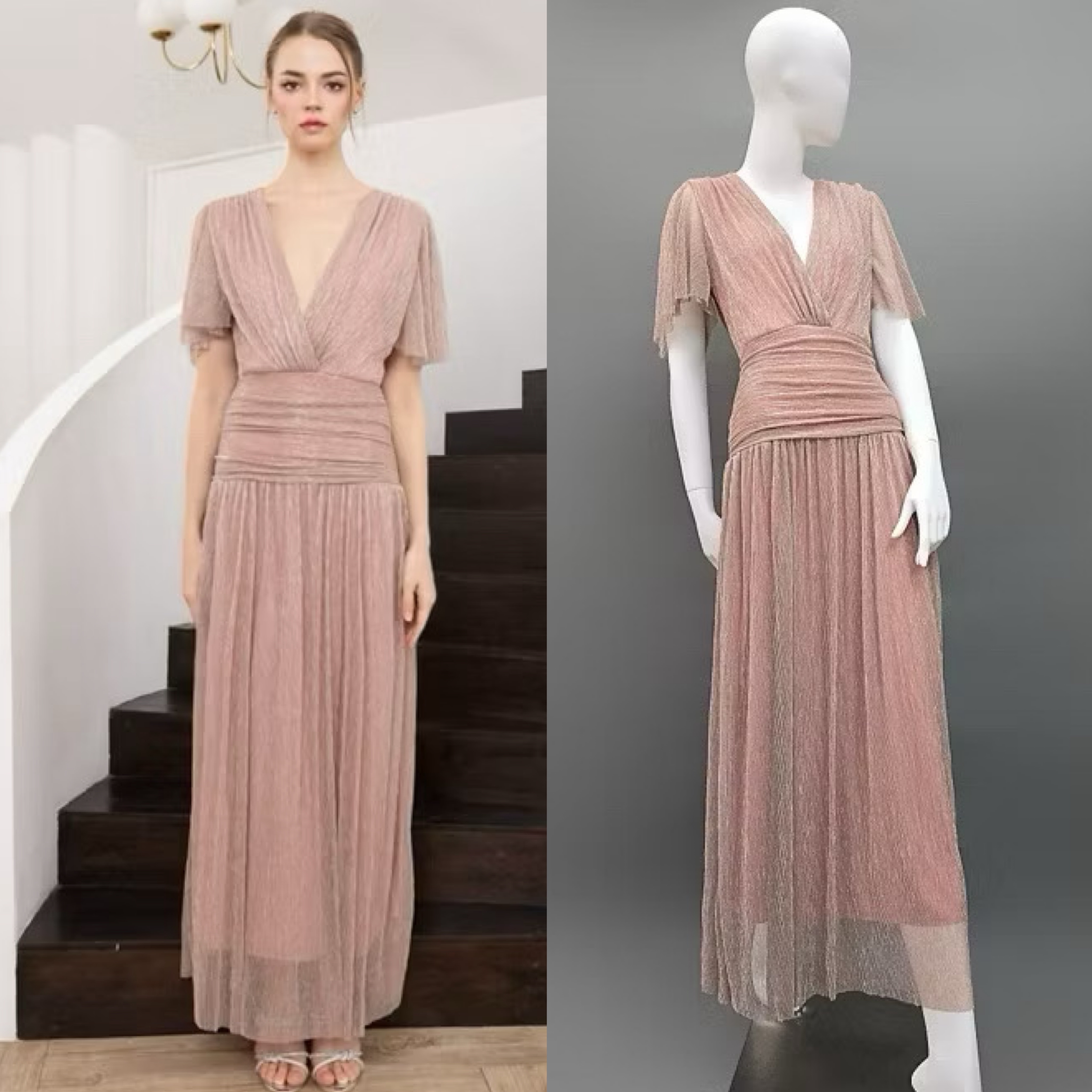 แม็กซี่เดรสเสื้อคอวีป้าย แขนระบาย กระโปรงจับเดรปเข้ารูปตรงสะโพก ต่อชาย กระโปรงบาน ใส่สบาย : สินค้าคุณภาพ (พร้อมส่ง)