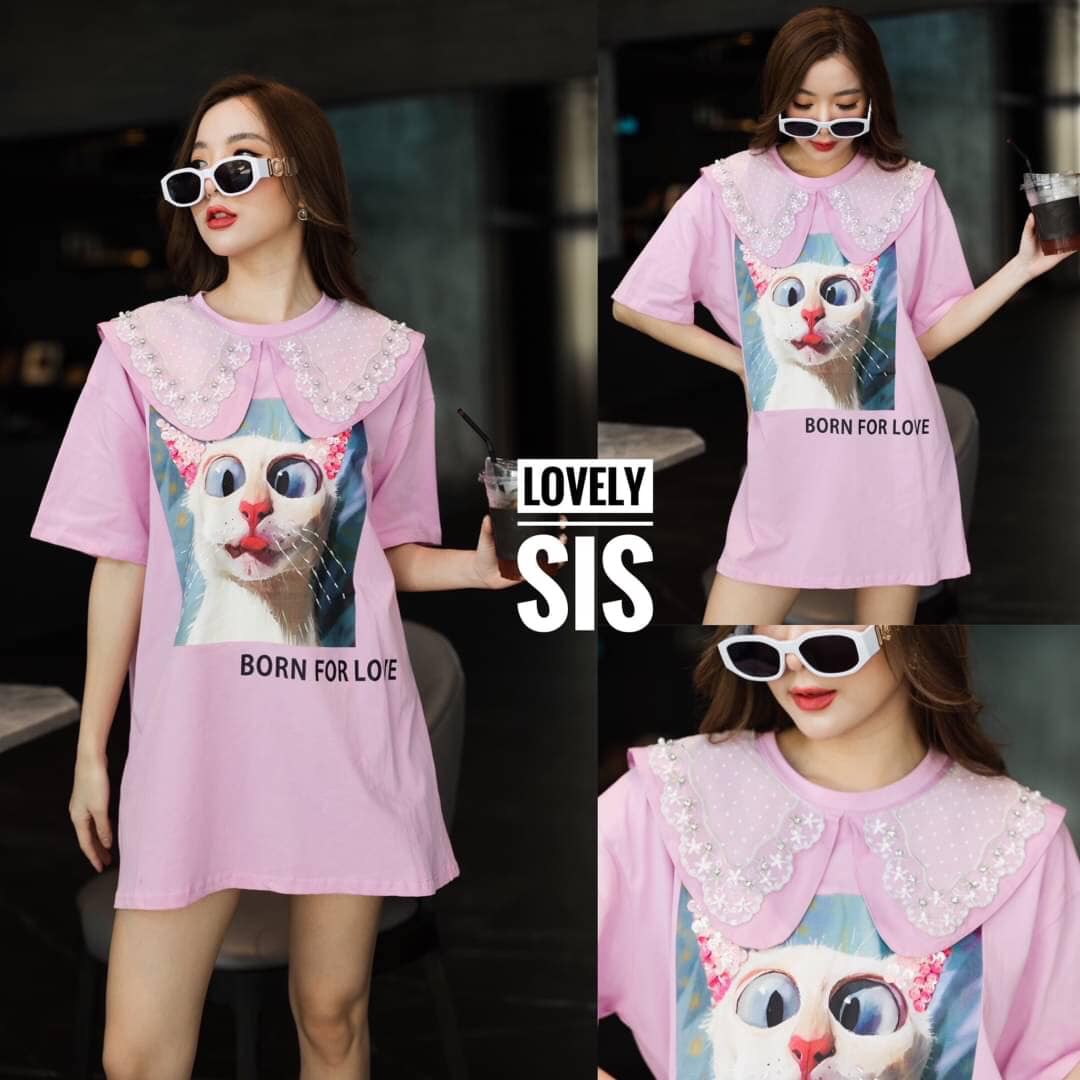 เสื้อยืดตัวยาวแขนสั้นน้องแมวสุดน่ารัก งานดีเทลฟรุ้งฟริ้งแต่งคอปกลูกไม้ประดับ เพชรและมุก สกรีนลายคมชัด มีอะครีลิค เป็นหูและหนวด ผ้านิ่มใส่สบาย : สินค้าคุณภาพ (พร้อมส่ง)