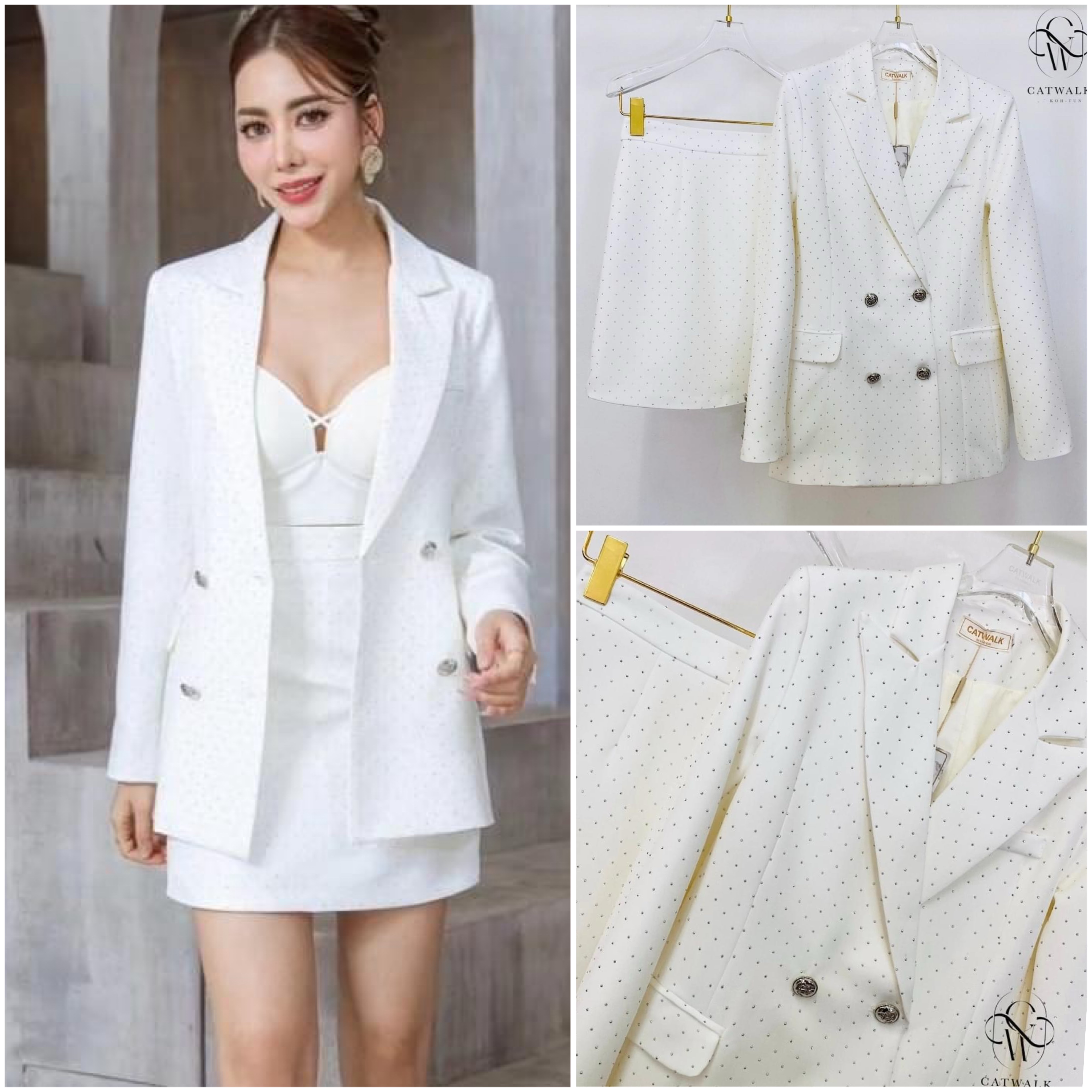 เซตัวสูท แต่งเพชร+กระโปรง เนื้อผ้าเกรดเอ เนื้อผ้ามีเพชร เม็ดเล็กทั้งตัว ใส่สบาย สินค้าคุณภาพ (พร้อมส่ง)