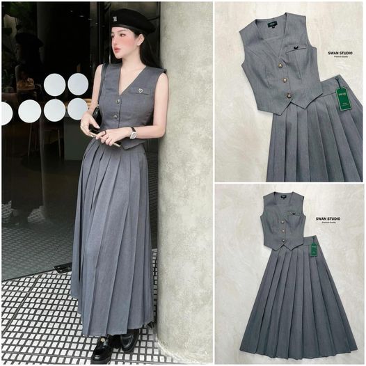 เซทเสื้อกั๊กแขนกุดสีเทา แต่งกระดุมหัวใจที่อก มีเสริมฟองน้ำในตัว มากับกระโปรงยาวอัดพลีท ใส่สบาย สินค้าคุณภาพ (พร้อมส่ง)