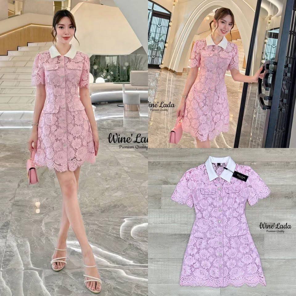 MiniDress เดรสลูกไม้สีชมพู แต่งคอปกตัดด้วยสีขาว ผ้านุ่มมากค่ะ ใส่ไม่คันเลย สวมใส่ง่าย เป็นกระดุมด้านหน้า ซับในทั้งตัว ใส่สบาย : สินค้าคุณภาพ (พร้อมส่ง)