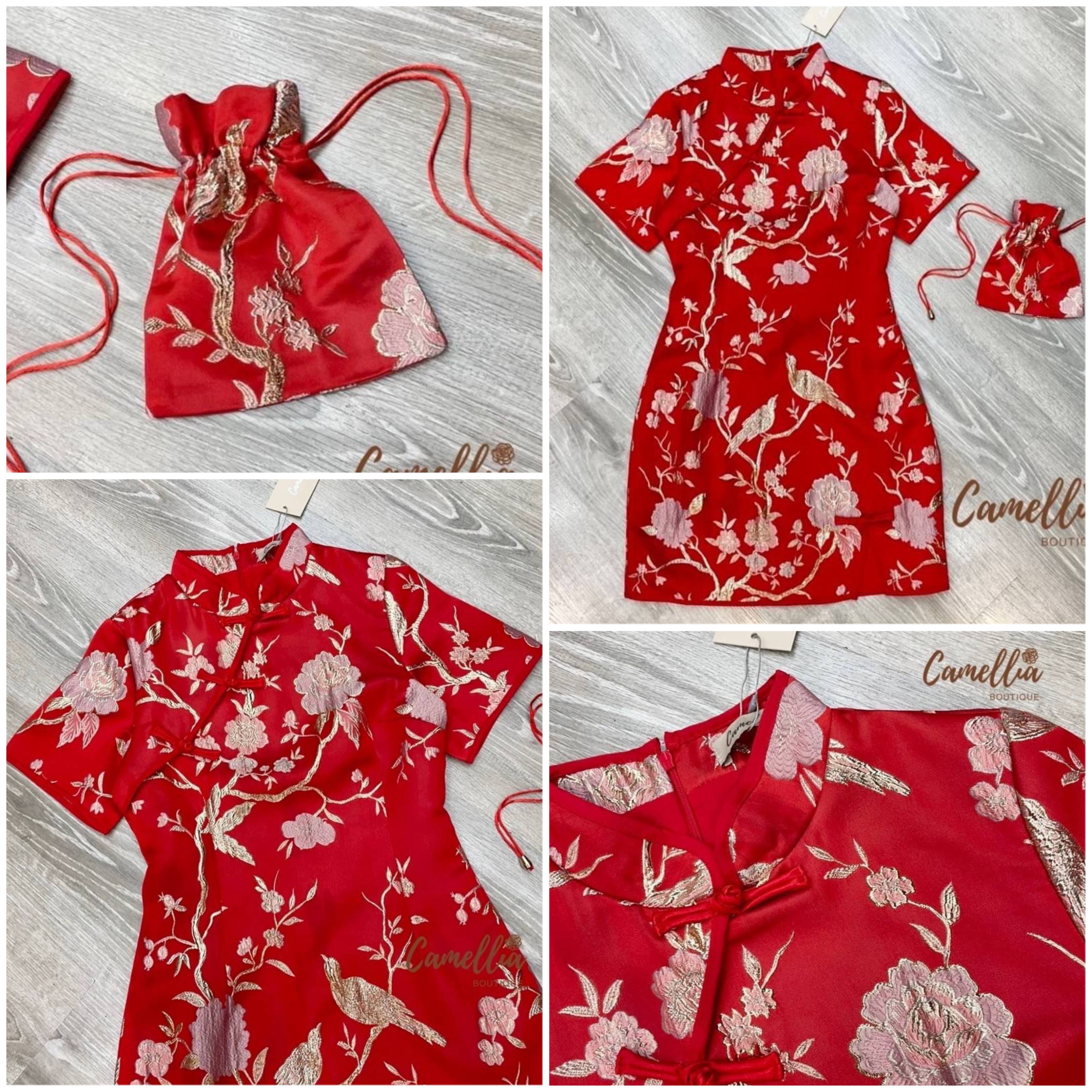 กี่เพ้า เดรสผ้าทอลายดอกไม้ + กระเป๋าผ้า ใส่ซองแดง ลายเข้ากับชุด สวยจ ใส่สบาย สินค้าคุณภาพ (พร้อมส่ง)