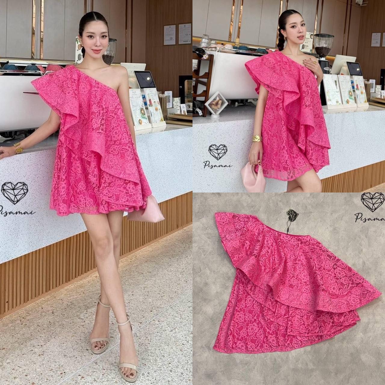 เดรสไหล่เดียวแต่งลูกไม้ฉลุสีชมพูตัวสั้น ฟินนาเล่มากค่ารุ่นนี้ ใส่สบาย : สินค้าคุณภาพ (พร้อมส่ง)