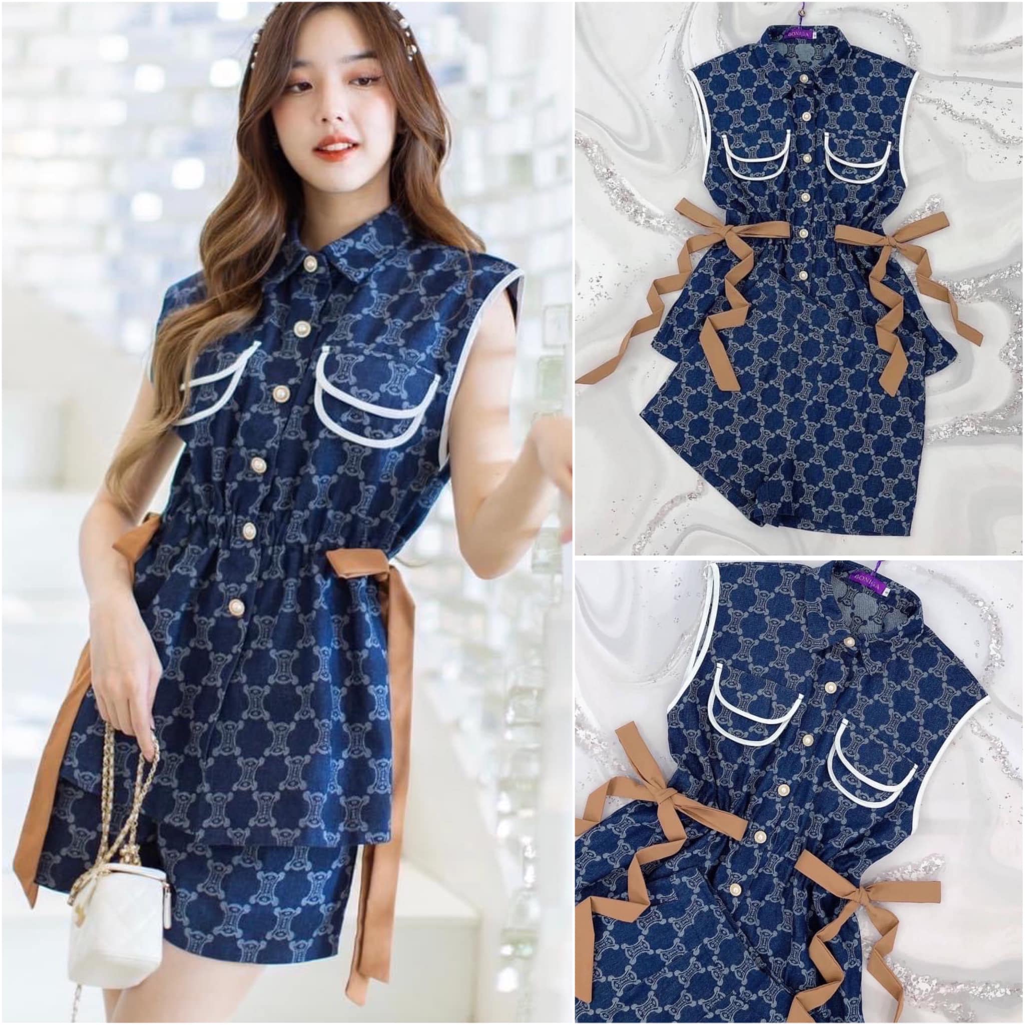 Set เซ็ตเสื้อกับกางเกงสุดปัง เนื้อผ้ายีนส์อย่างดี งานสวย เสื้อแขนกุด กระดุมหน้า ช่วงเอวรูดเชือกผูกโบว์เก๋ๆ กางเกงเอวสูง สินค้าคุณภาพ (พร้อมส่ง)