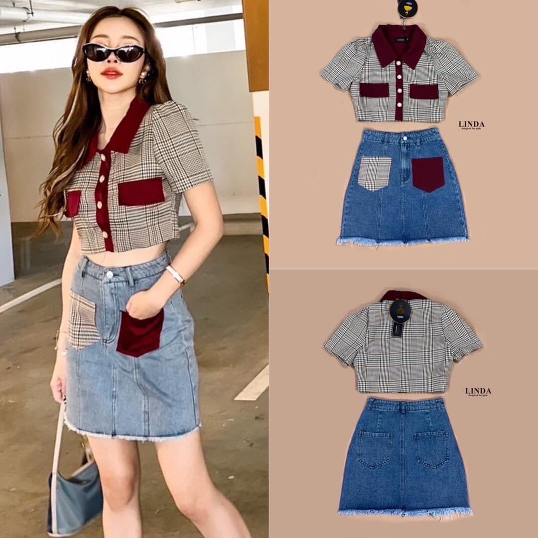 set เสื้อ กระโปรงยีน สีแดงเลือดหมู เกร๋ๆ รุ่นฮอต : สินค้าคุณภาพ (พร้อมส่ง)