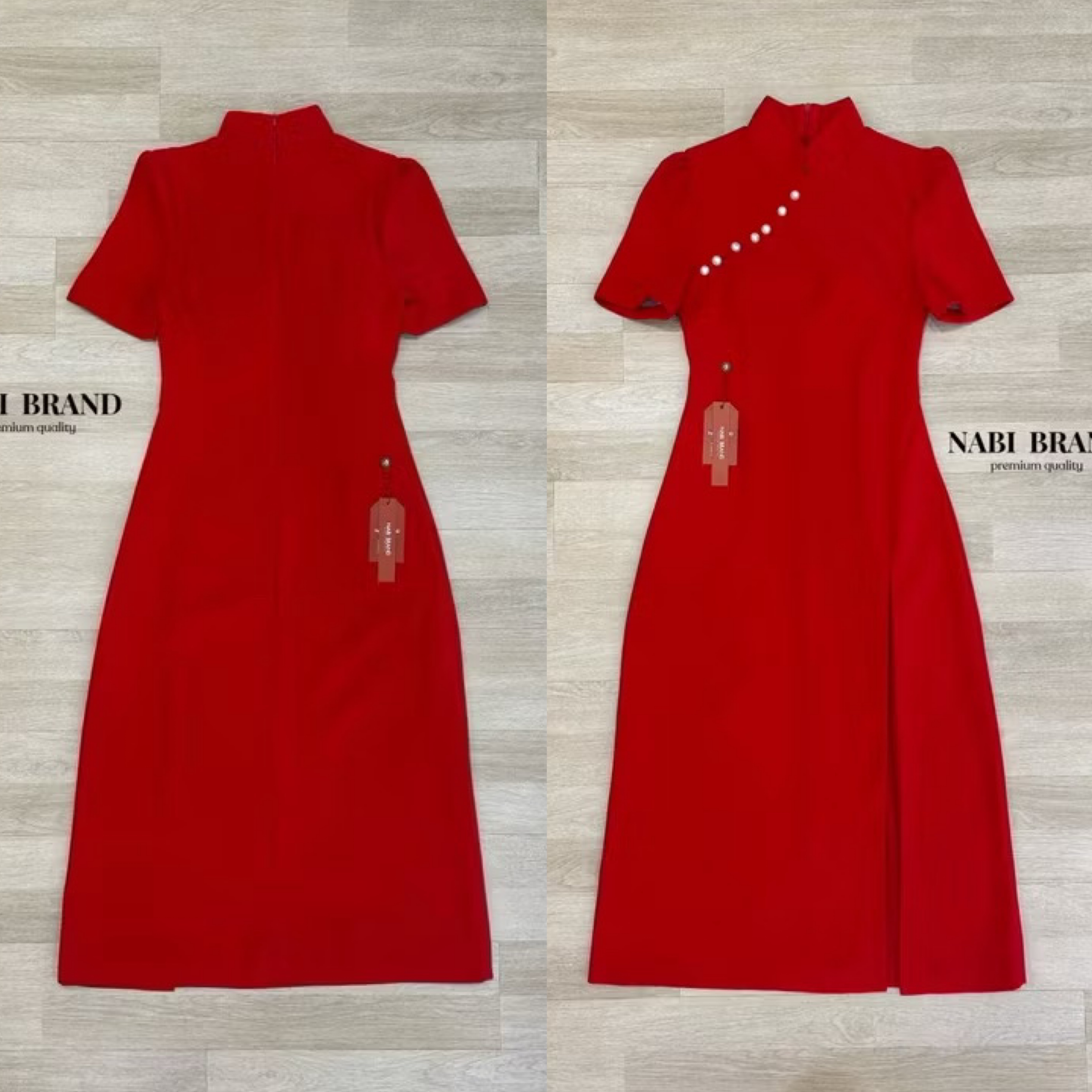 กี่เพ้า คอจีน ตรงอกตกแต่งด้วยมุก ผ่าสูงข้างซ้าย ทรงสวย ใส่สบาย : สินค้าคุณภาพ (พร้อมส่ง)