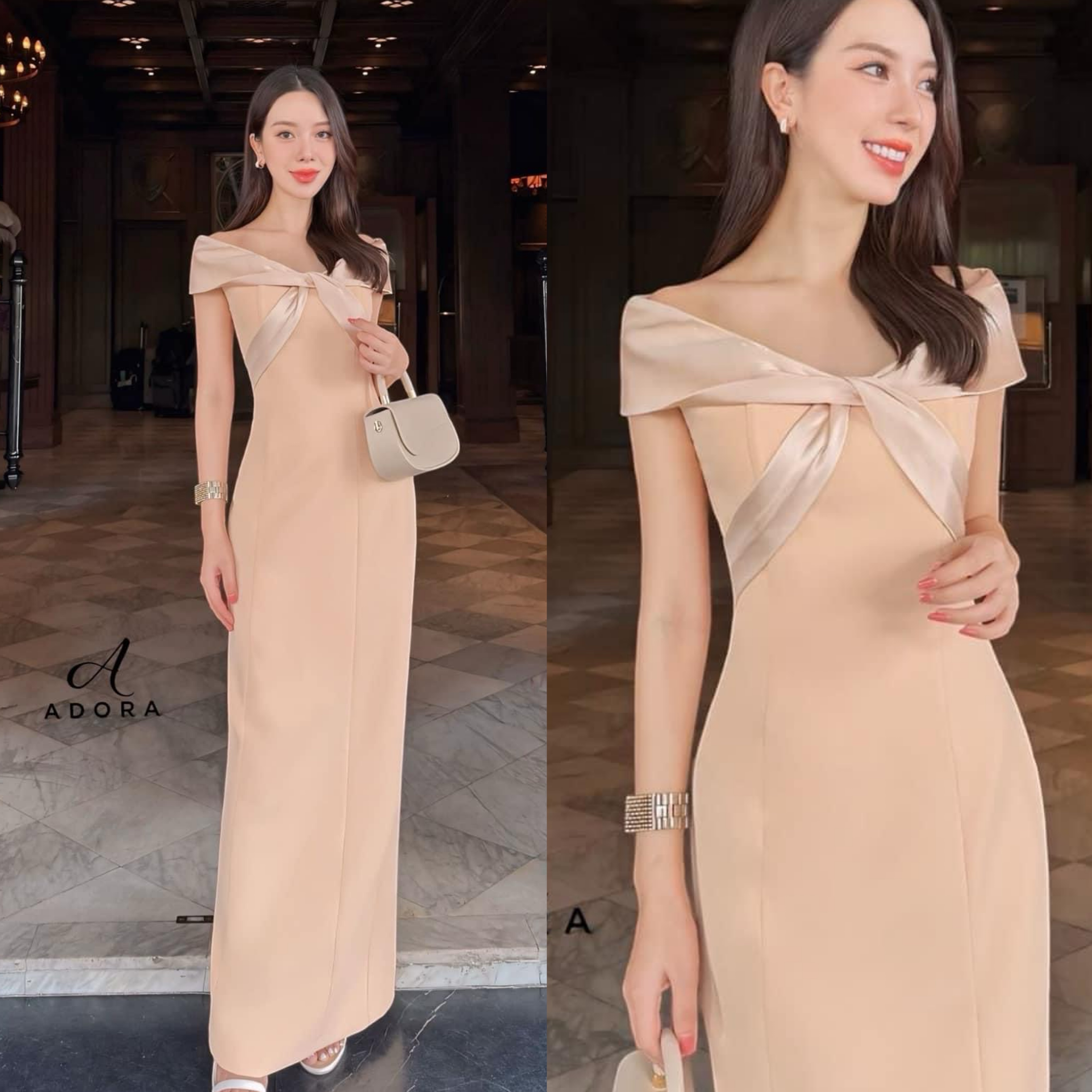 เดรสปาดไหล่ช่วงอกตัดต่อผ้าดีไซน์ไขว้อก เสริมฟองน้ำ ตัวเดรสใช้เนื้อผ้าเกรดพรีเมี่ยมทั้งตัว ดีไซน์กระโปรงทรงสอบยาว ผ่าหลัง งานมีซับใน ใส่สบาย : สินค้าคุณภาพ (พร้อมส่ง)